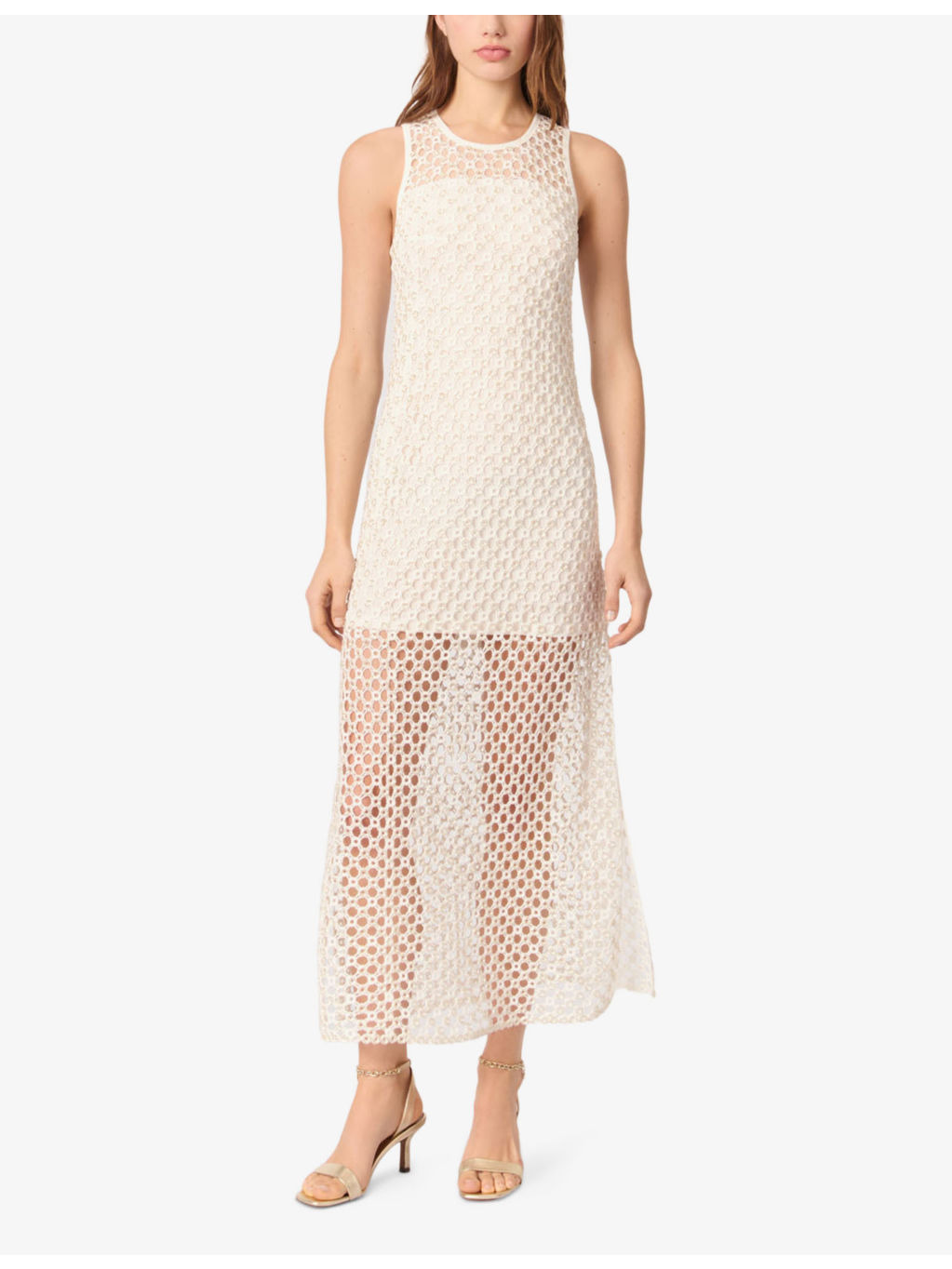 Bead-Embellished Crochet-Overlay Woven Midi Dress - 2