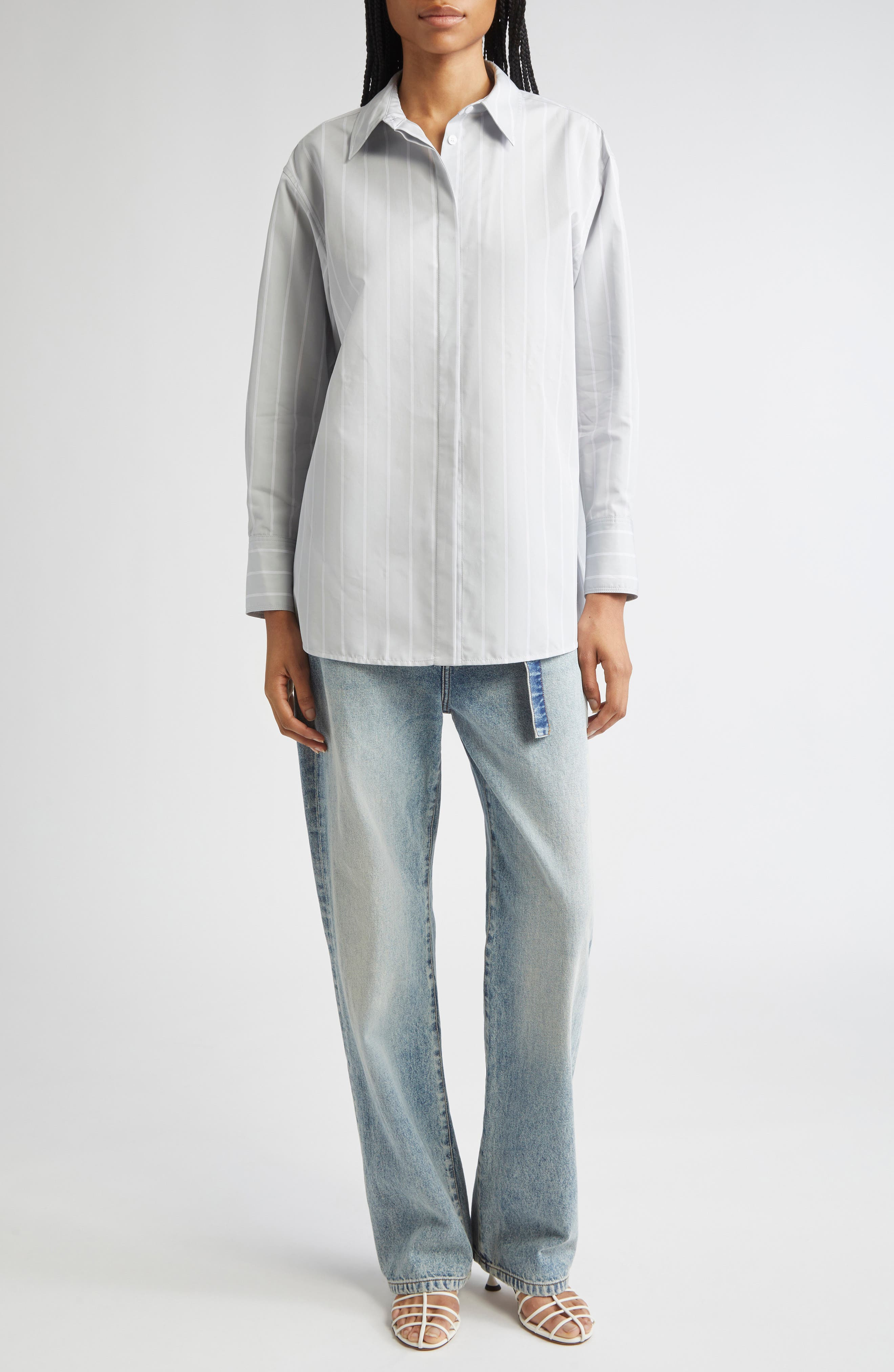 Proenza Schouler Addy Stripe Cotton & Silk Button-Up Shirt in Grey Multi at Nordstrom - 2