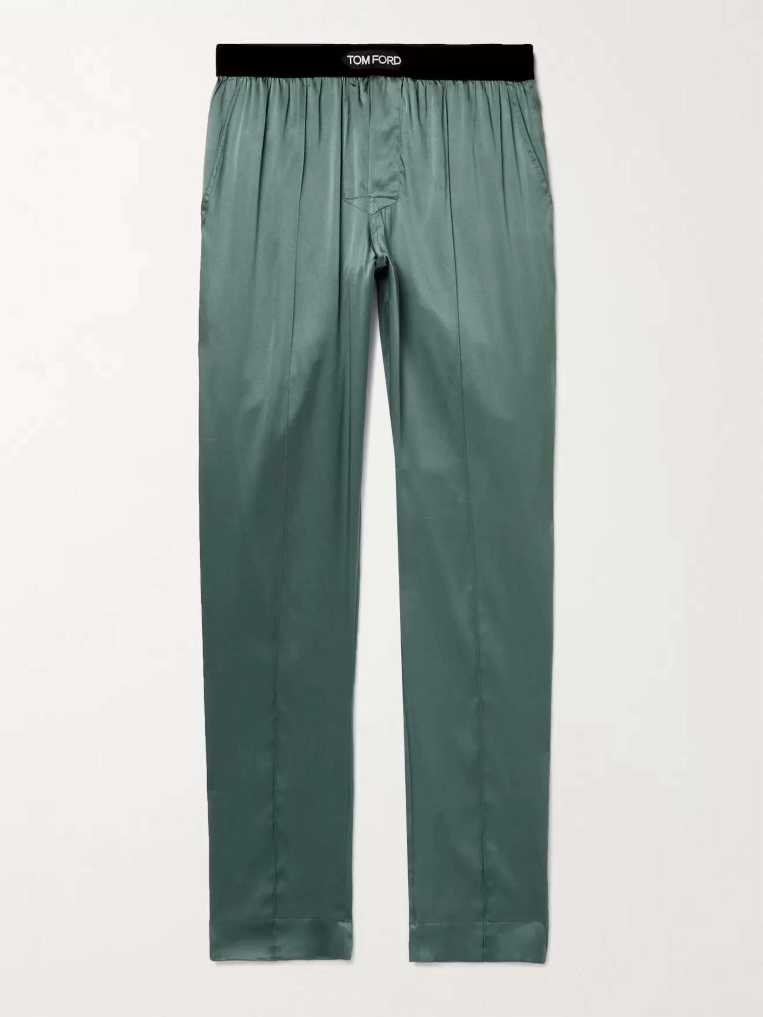 Velvet-Trimmed Stretch-Silk Satin Pyjama Trousers - 1