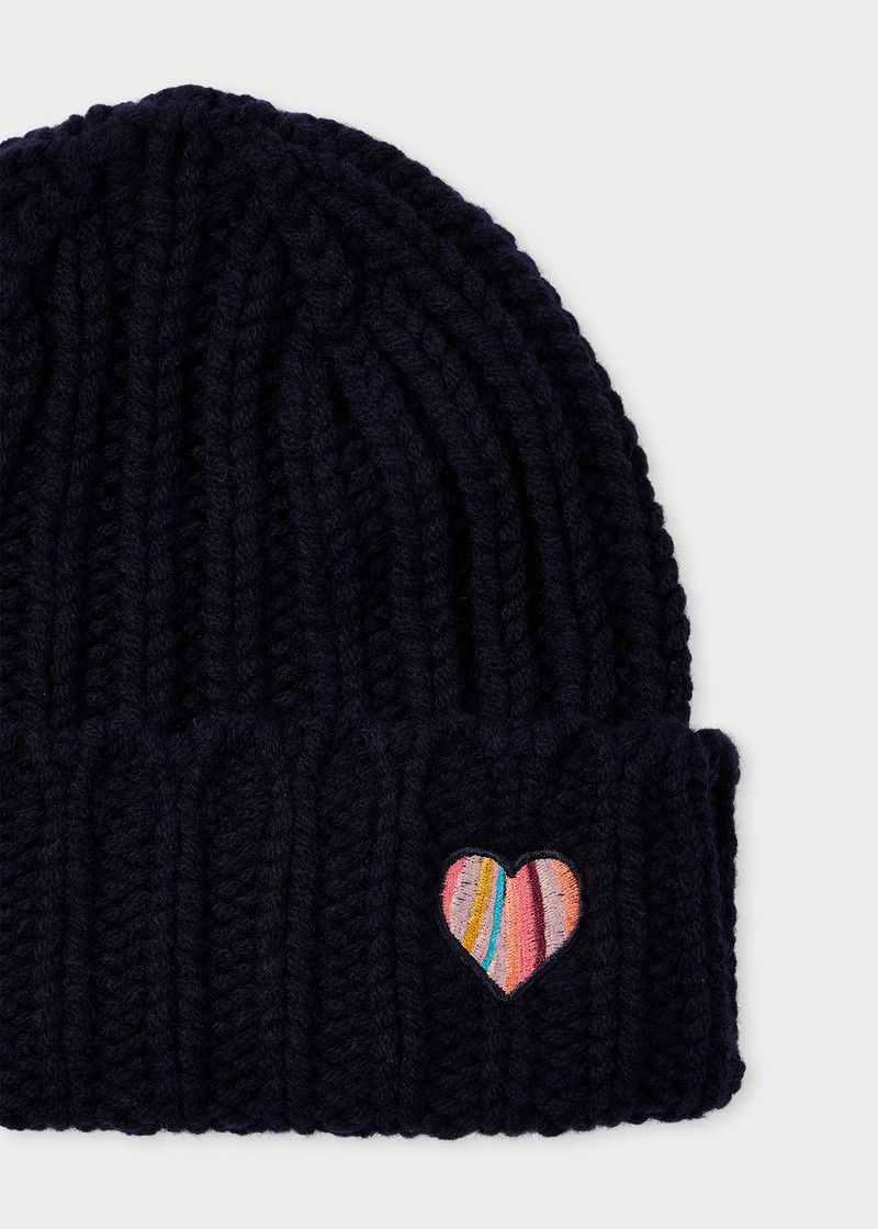 Paul Smith Women's Navy Blue 'Swirl' Heart Beanie Hat outlook