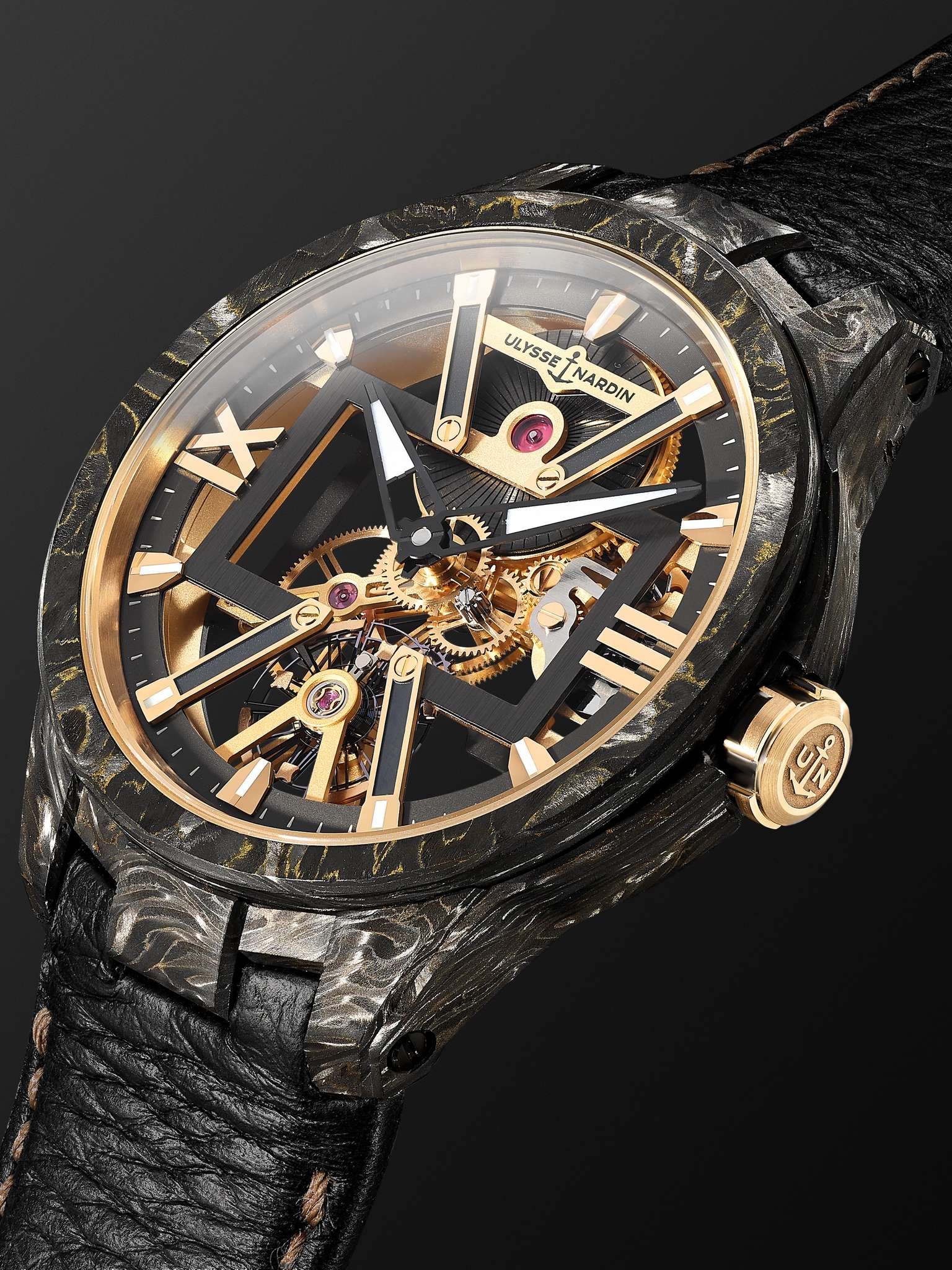 Skeleton X Hand-Wound 43mm Carbonium Gold and Full-Grain Leather Watch - 4