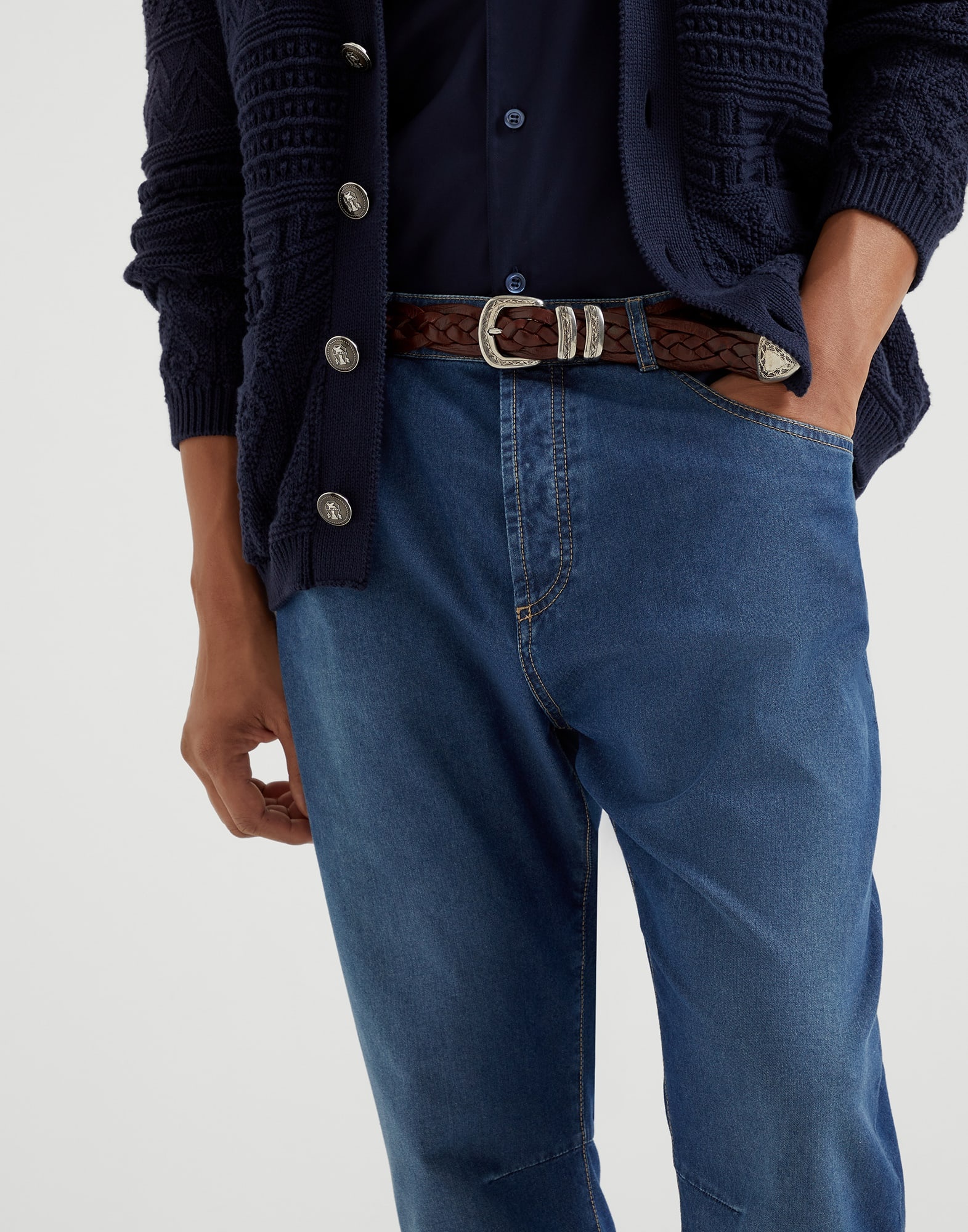 Comfort cotton and silk denim leisure fit five-pocket trousers - 3