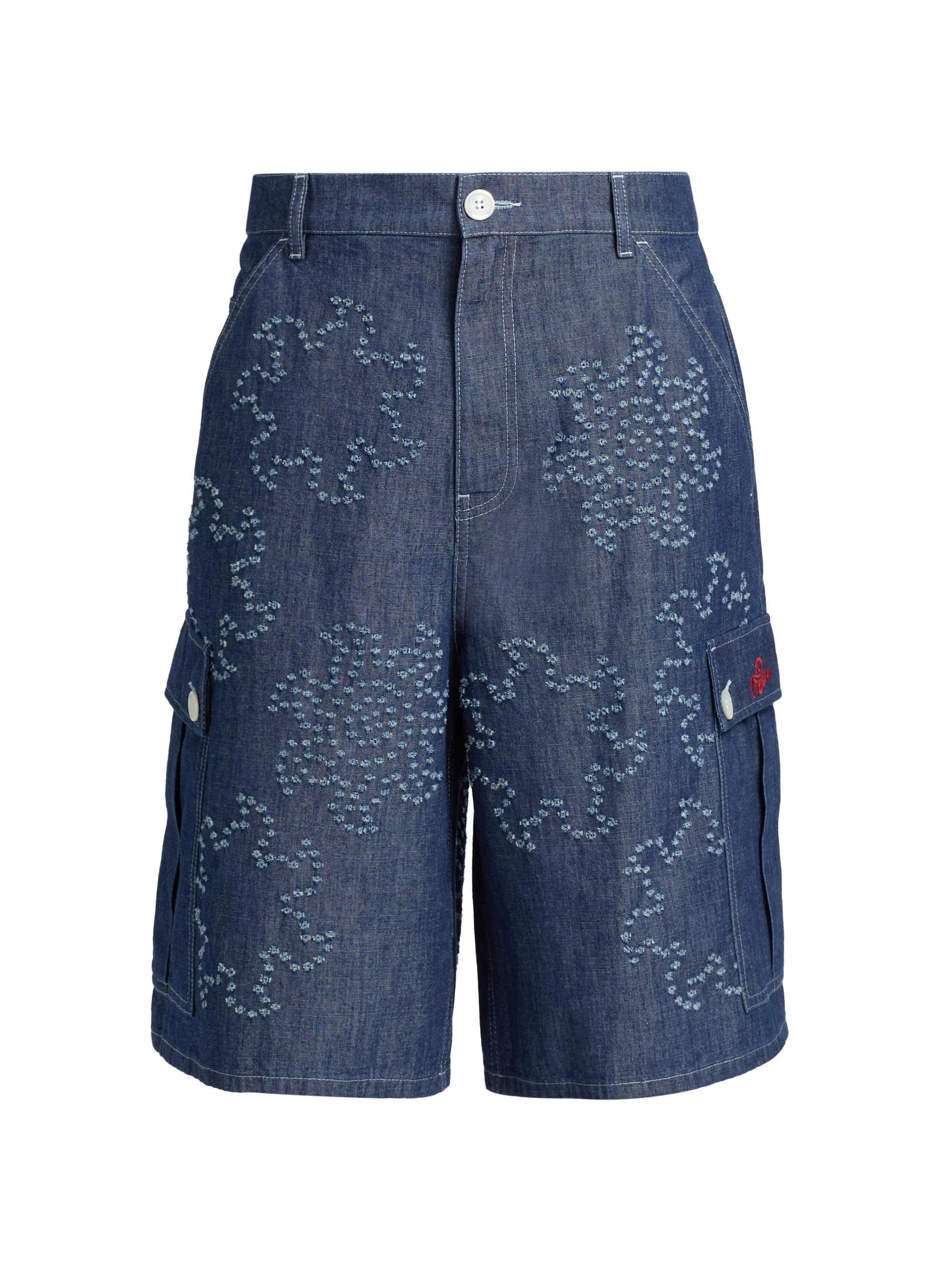 Men's Frayed Denim Low-Rise Wide-Leg Shorts - Orion Blue - 1