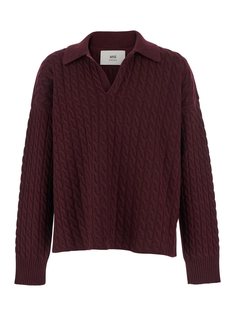 AMI Paris Bordeaux Polo Shirt With Woven Design In Wool Man - 1