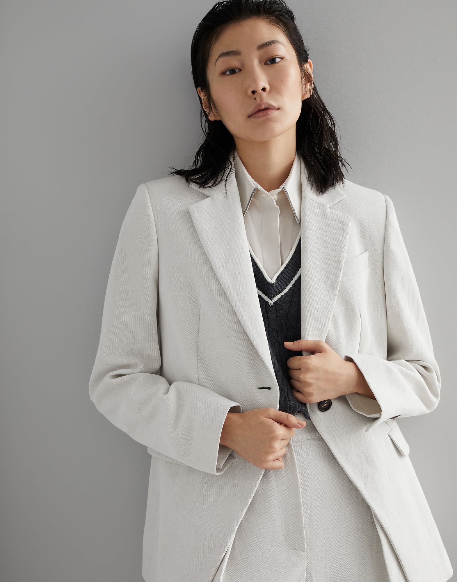 Cotton and linen gabardine blazer with monili - 4