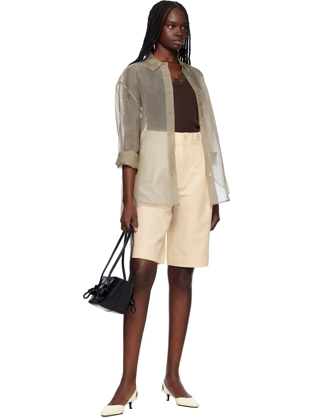 Beige Pleated Shorts - 4