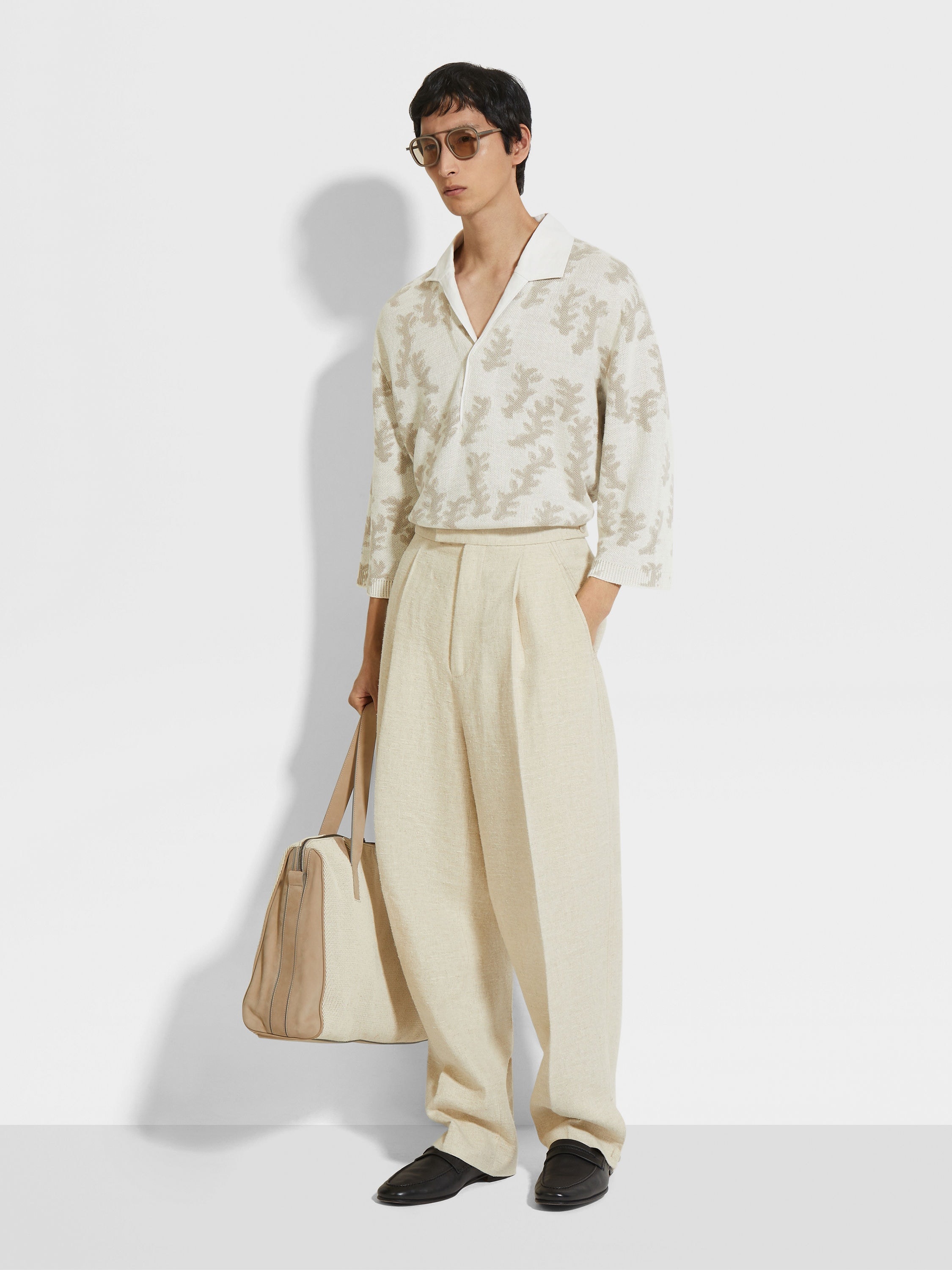 WHITE AND LIGHT BEIGE OASI LINO POLO SHIRT - 3