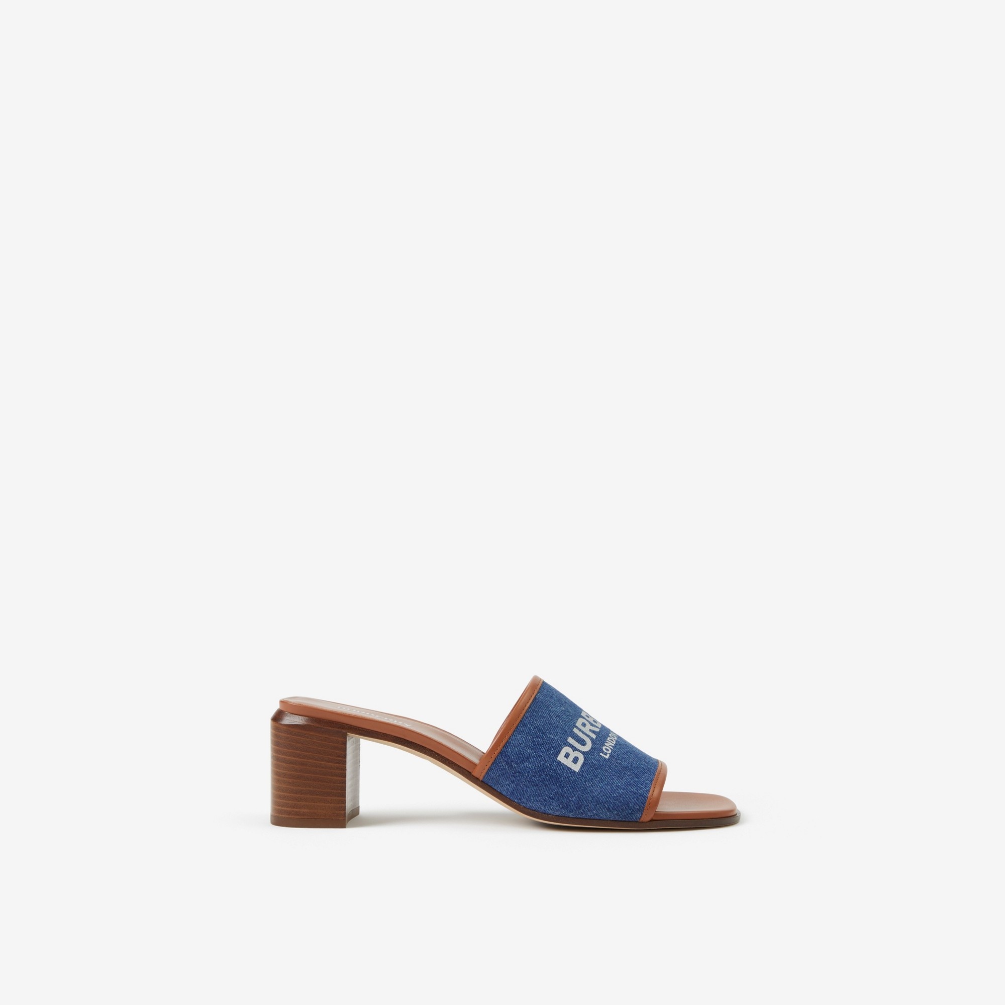 Label Print Denim and Leather Mules - 1