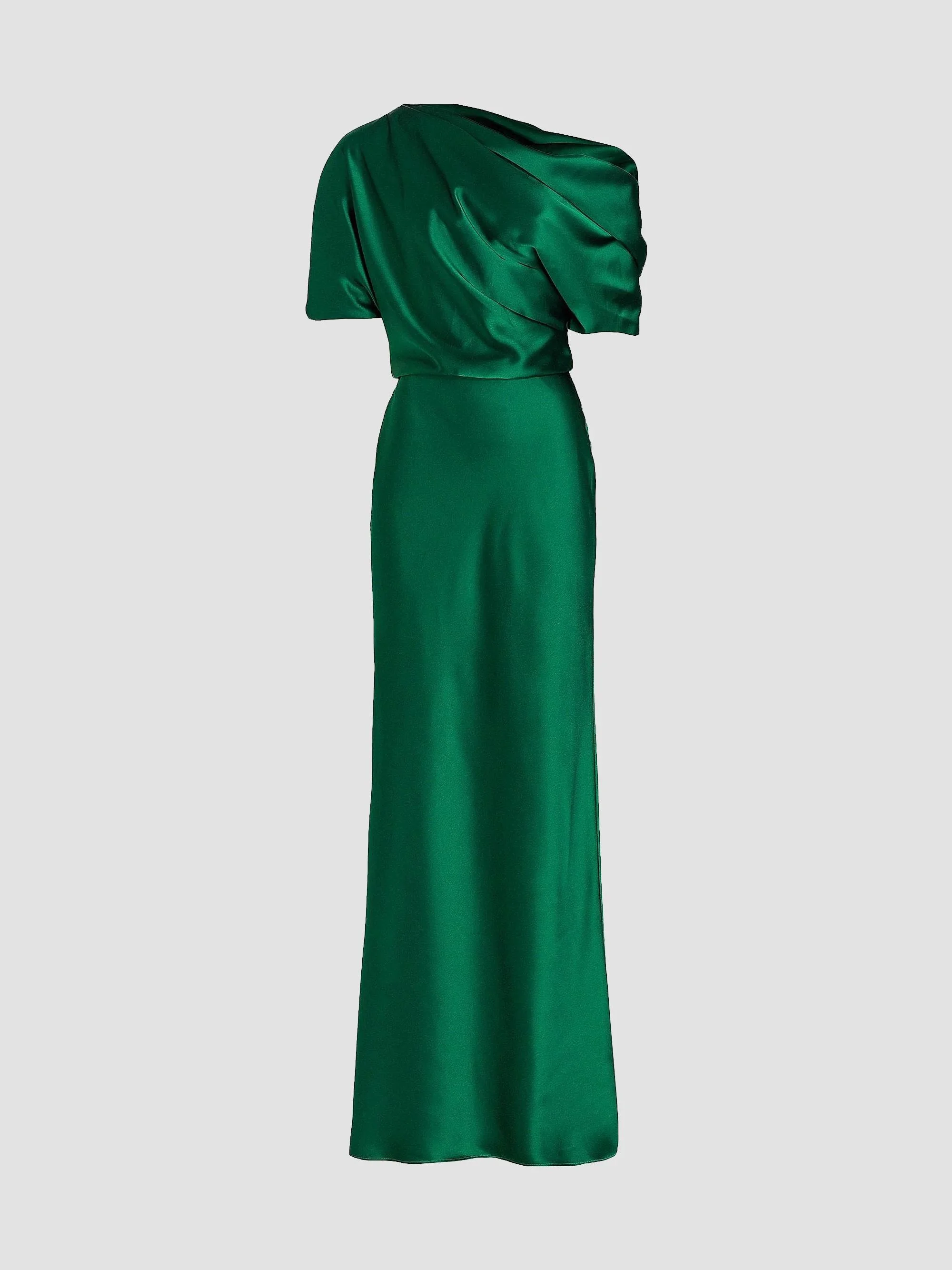 Women's Satin One-Shoulder Gown - Emerald - 1