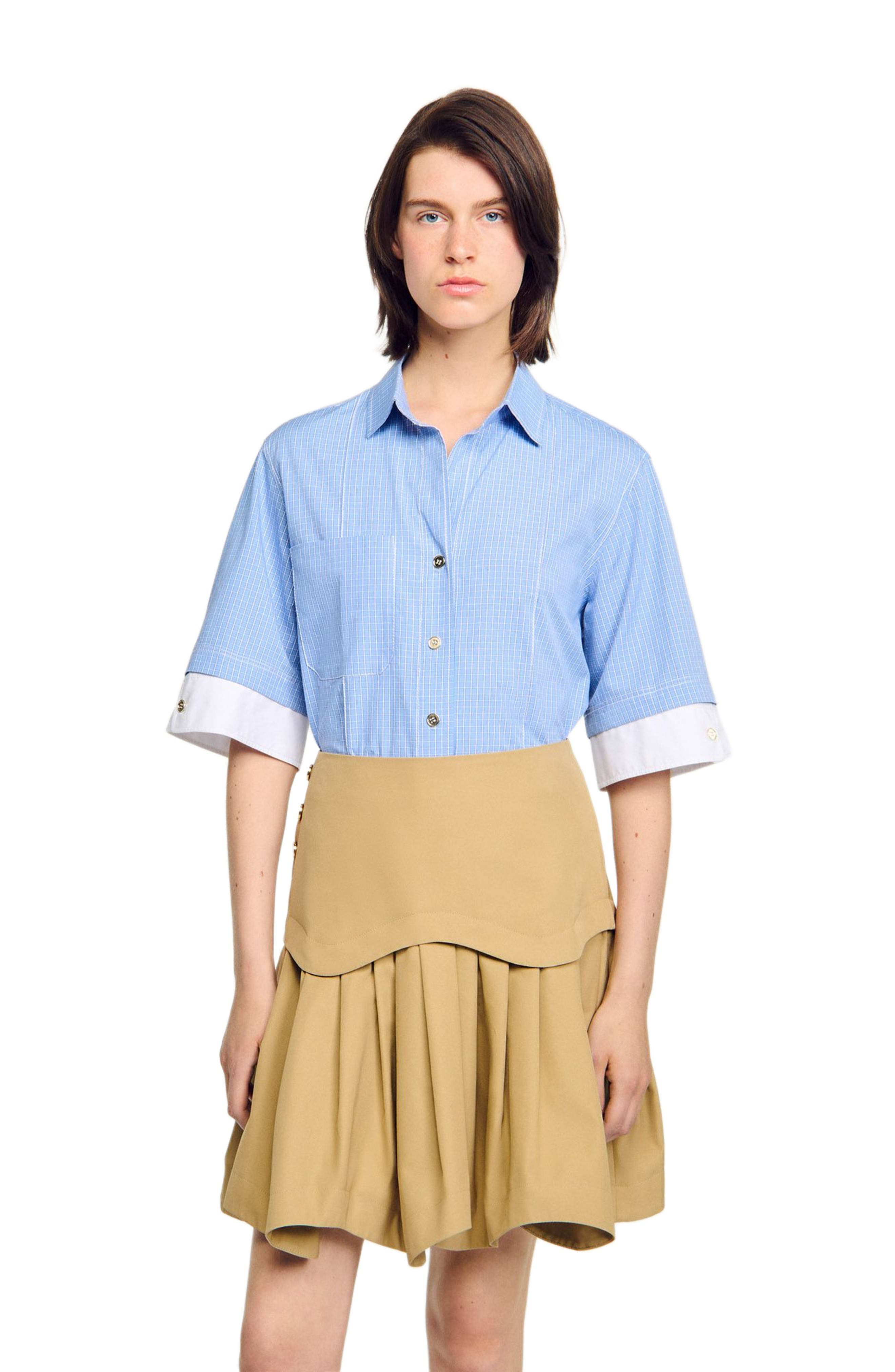 SANDRO Cropped small-check shirt in Ciel /Blanc at Nordstrom - 3