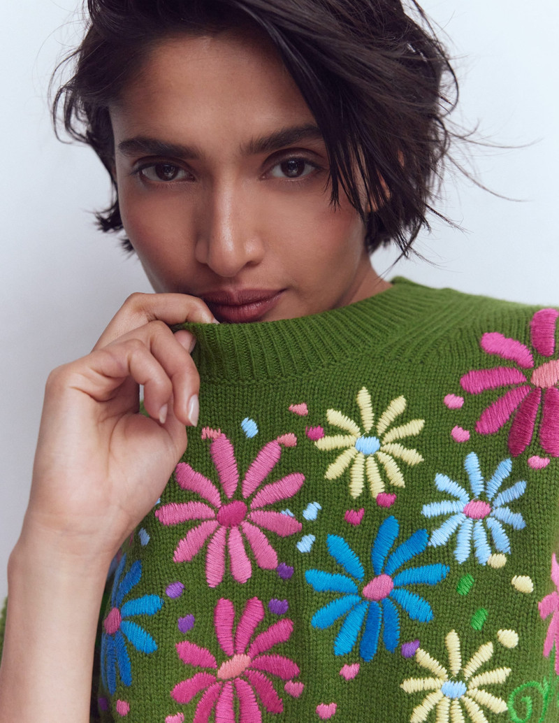Isa Embroidered Sweater-Herb Garden, Green Flowers 3