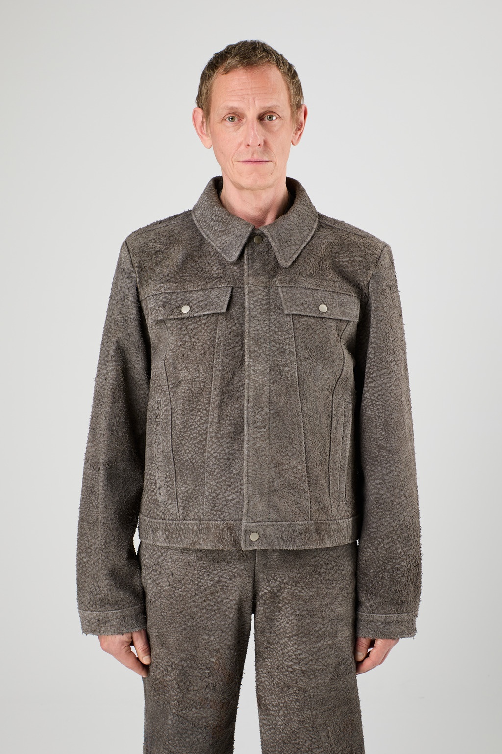 Gray Wrinkled Suede Leather Jacket - 2