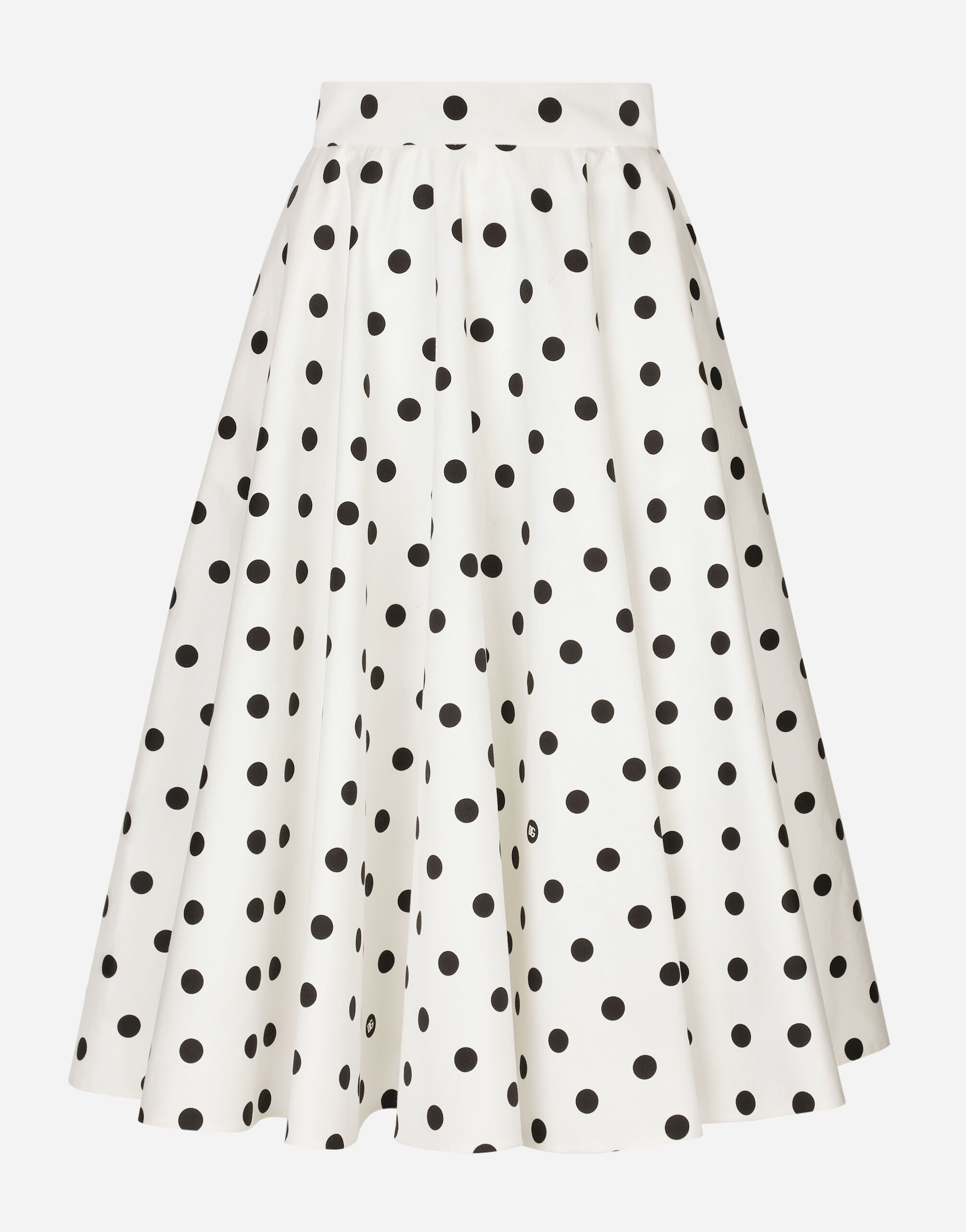 Cotton drill calf-length circle skirt with polka-dot print - 1