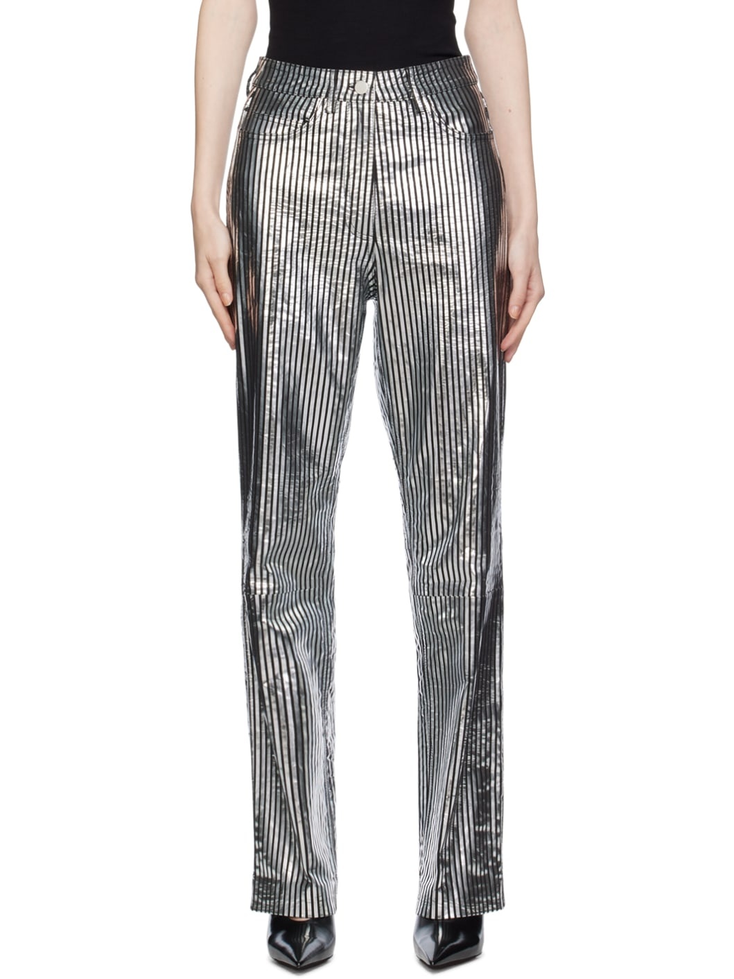 Black & Silver Striped Leather Pants - 1