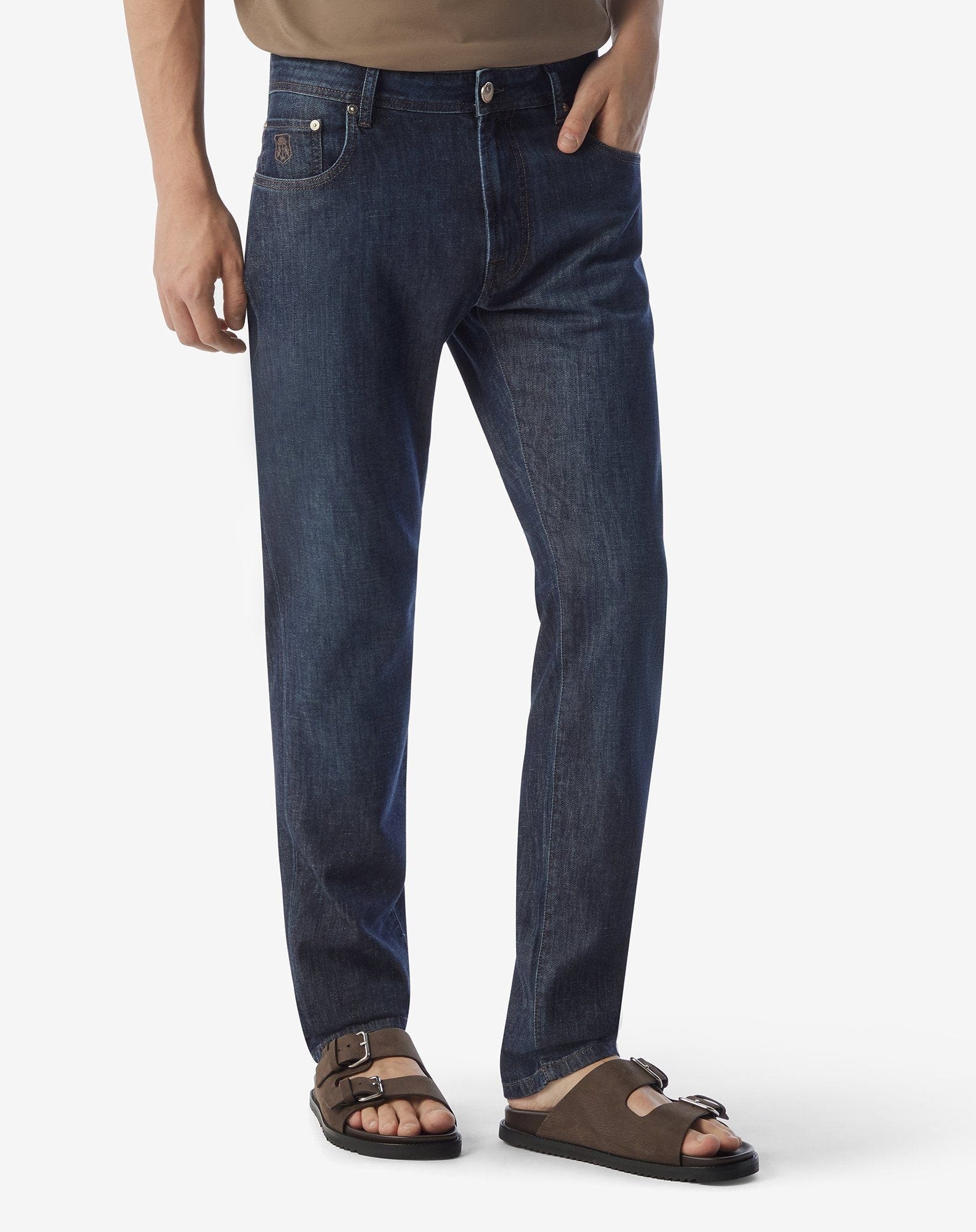 Navy blue stretch cotton, lyocell and linen 5-pocket trousers - 2