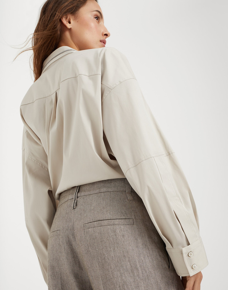 Sparkling linen twill loose flared trousers with monili 3