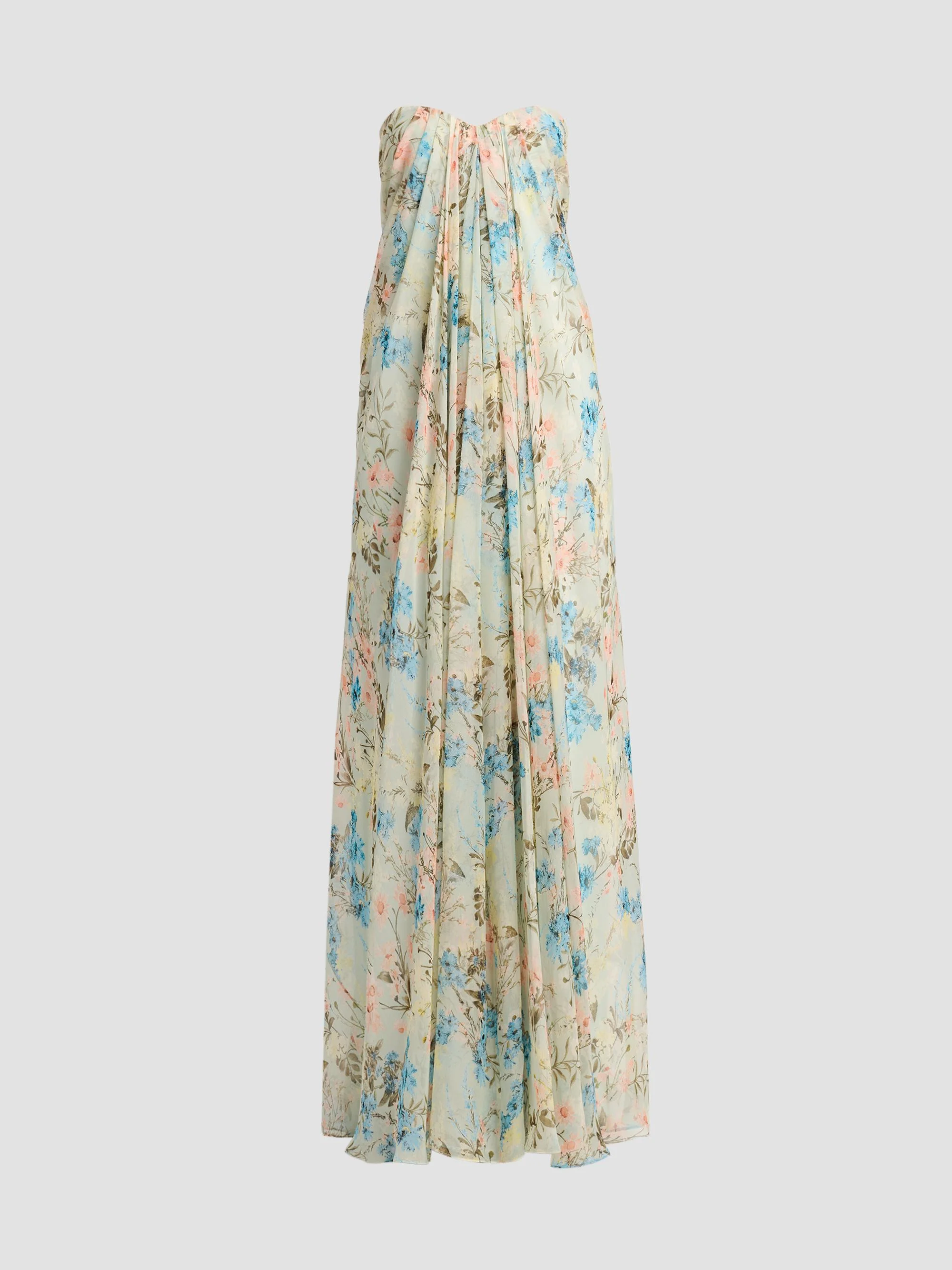 Women's Goddess Floral Draped Bustier Strapless Silk Maxi Dress - Pistacchio Pink - 1