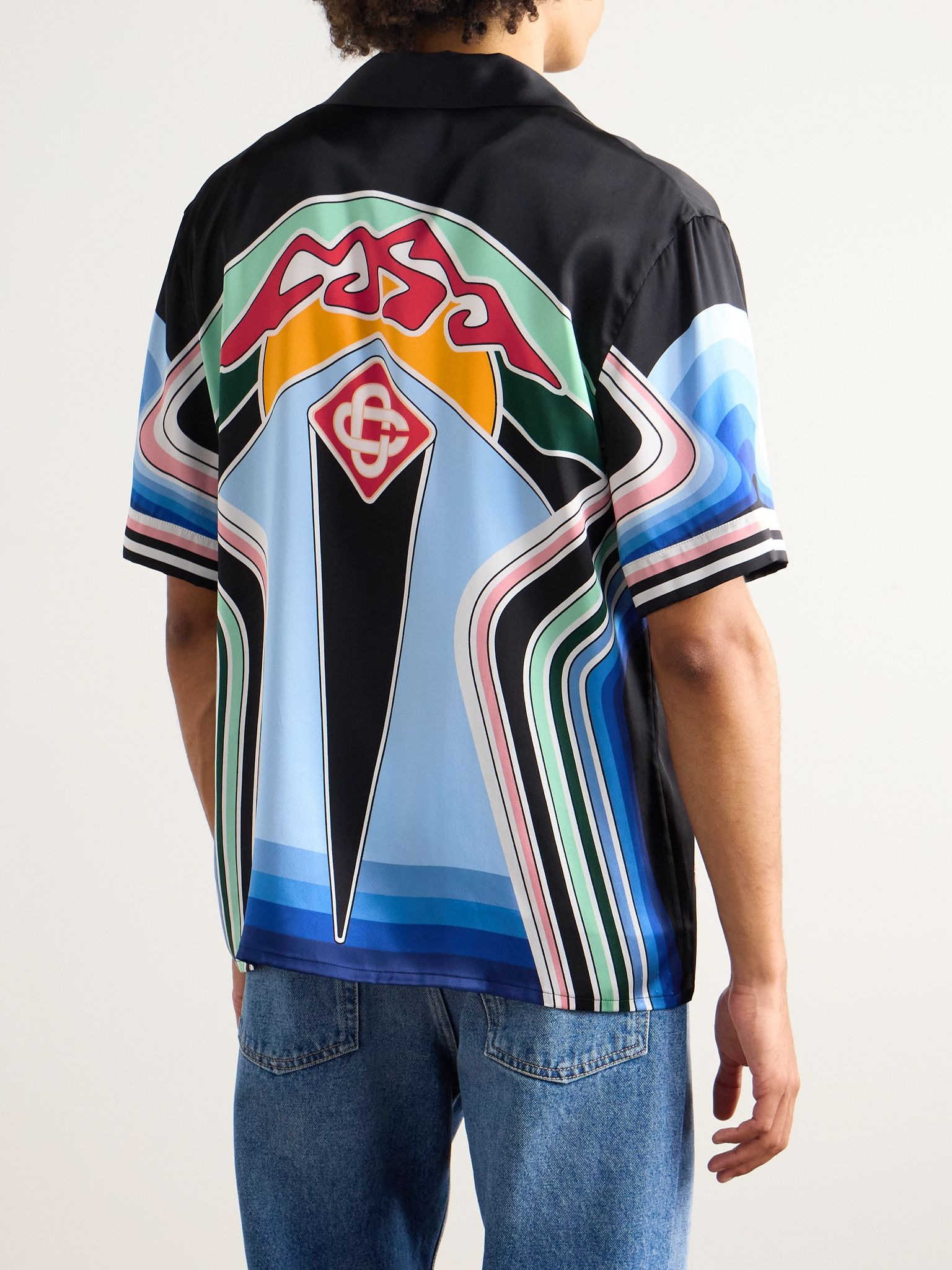 Graphic Mountain Convertible-Collar Logo-Print Silk-Satin Shirt Black - 4