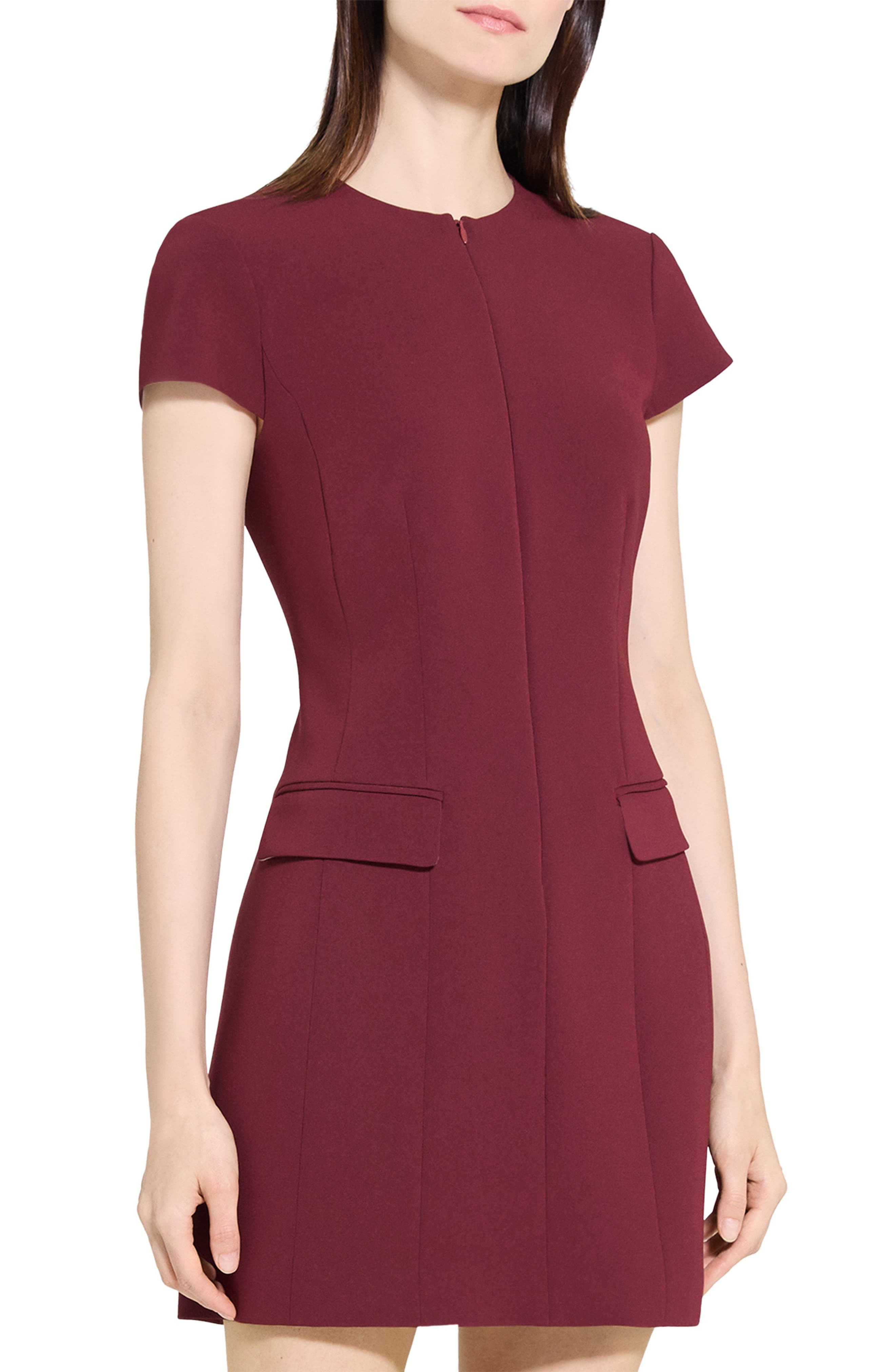 Theory Short Sleeve Front Zip Minidress in Grenache - 7