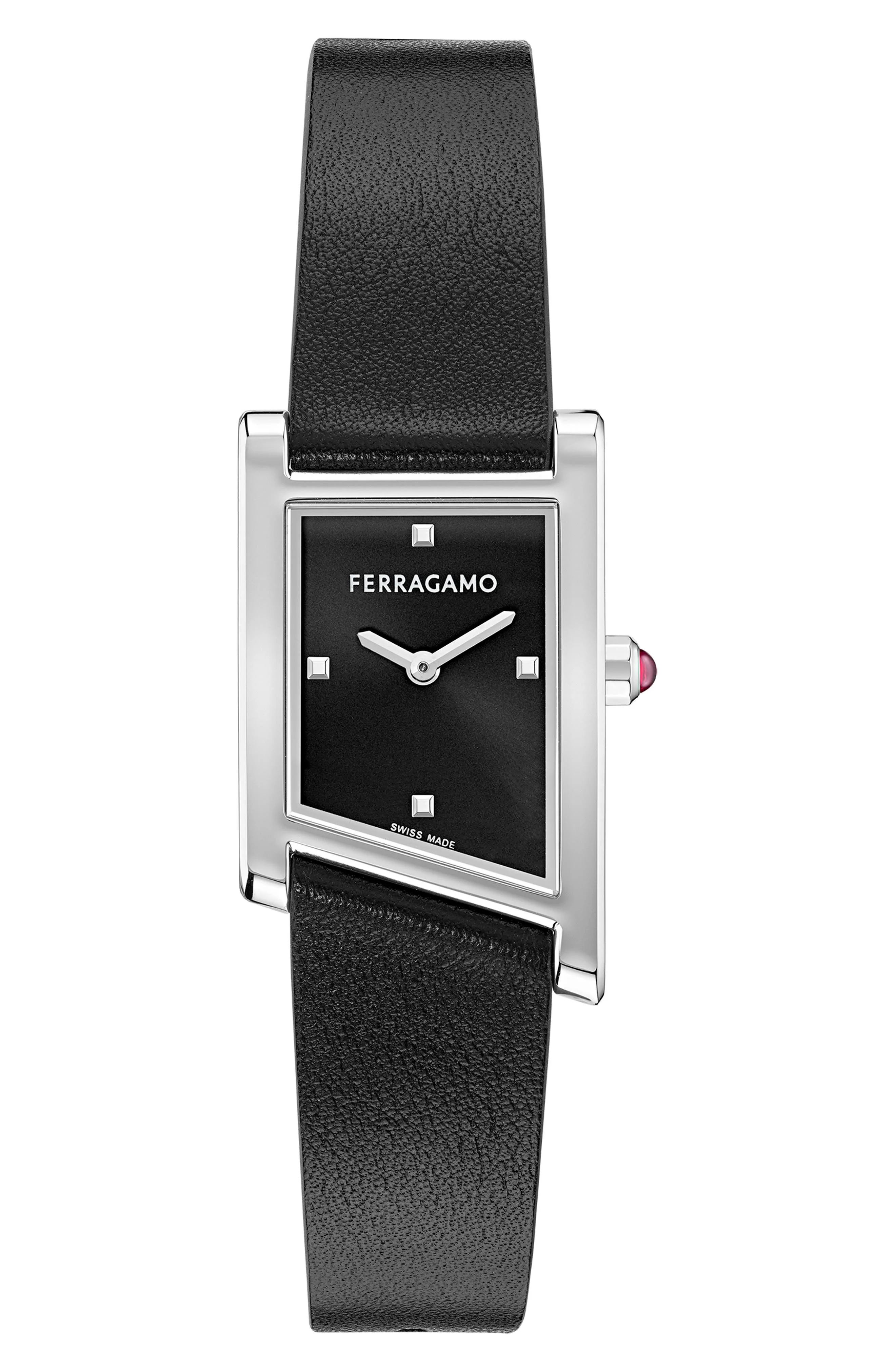 FERRAGAMO Asymetrique Leather Strap Watch, 22mm x 36mm in Stainless Steel at Nordstrom - 1
