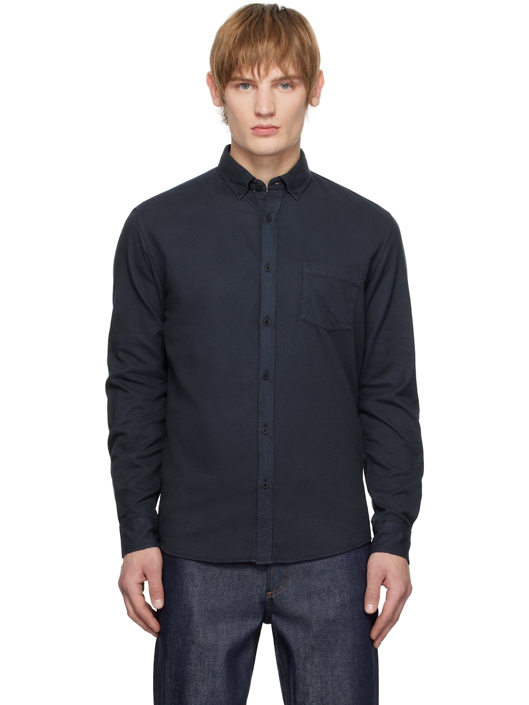 Navy Button Down Flannel Shirt - 1