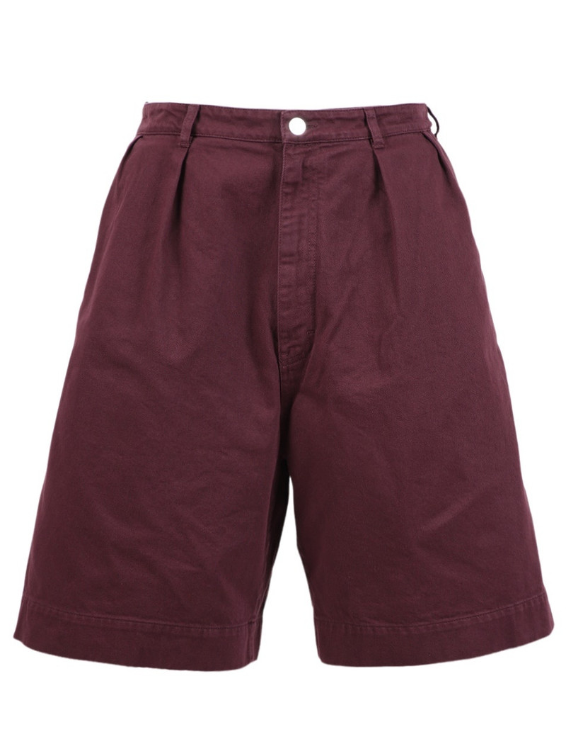 Wide Denim Shorts With Double Pleats Burgundy - 1
