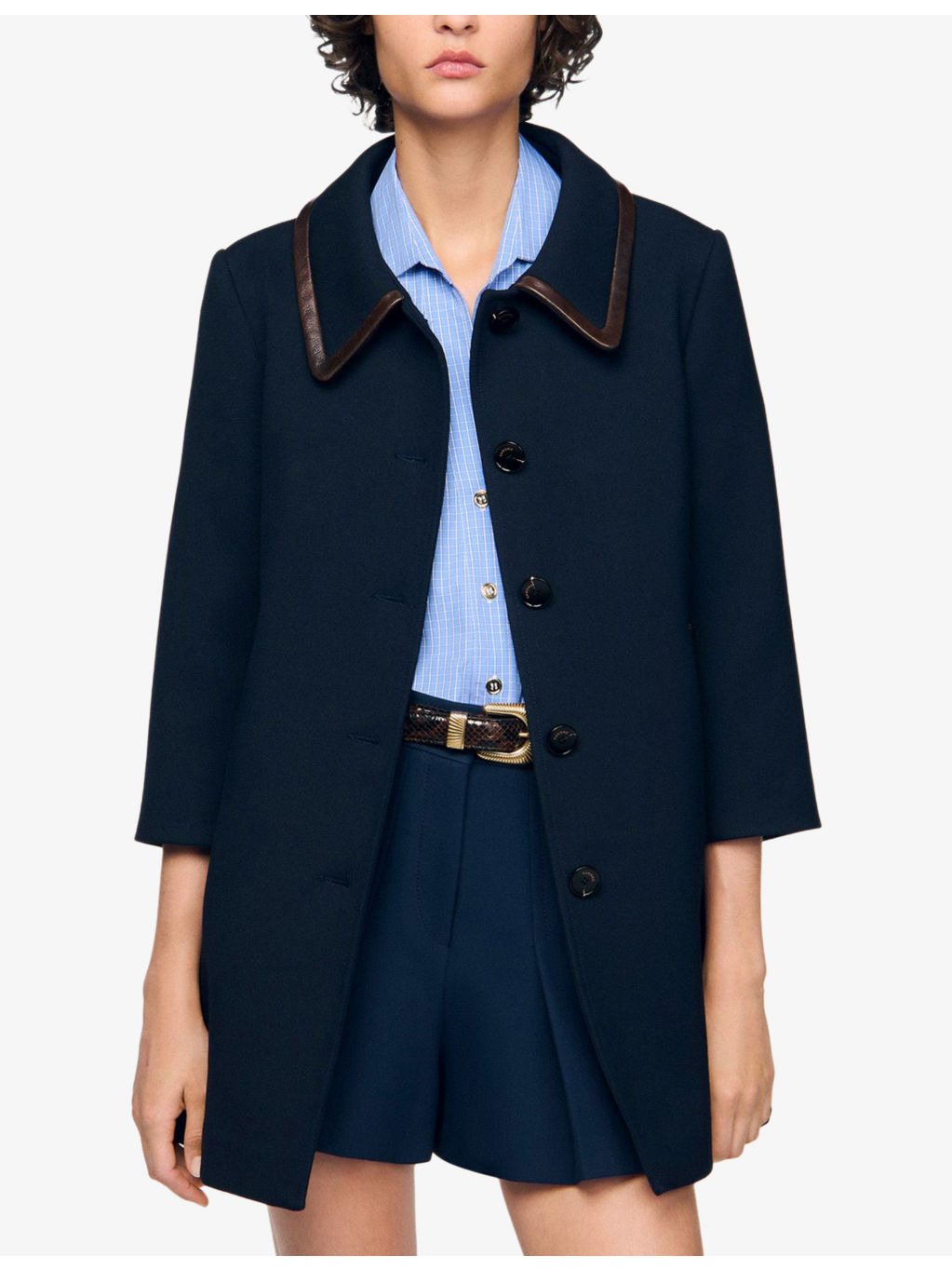 Side-Pocket Leather-Trim Woven Coat - 3