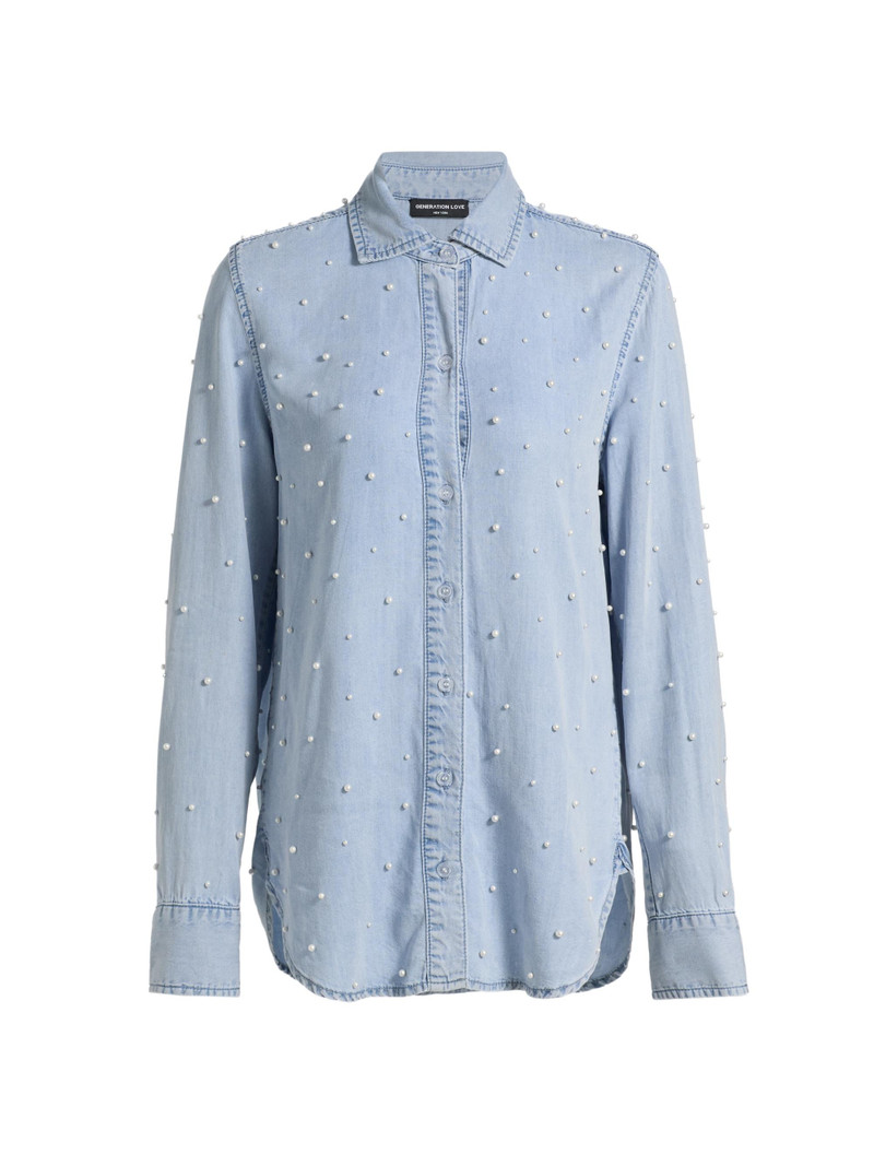 Women's Marcello Imitation Pearl-Embellished Shirt - Light Blue Pearl 1