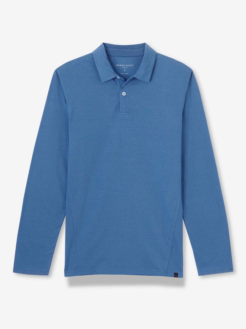 Men's Long Sleeve Polo Shirt Ramsay 3 Pique Cotton Tencel Blue - 1