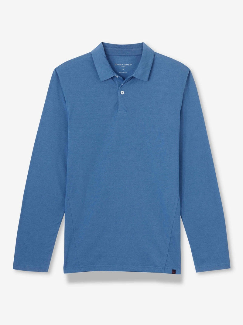 Men's Long Sleeve Polo Shirt Ramsay 3 Pique Cotton Tencel Blue 1