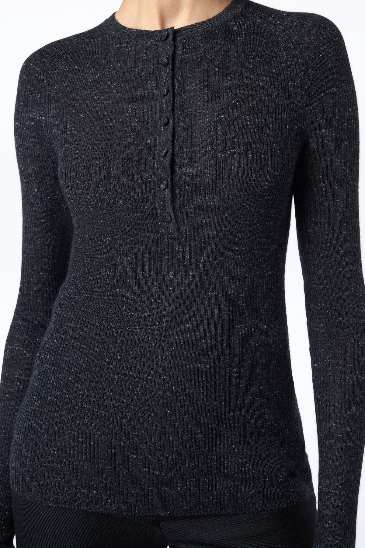 Anges Knit Henley in Black Cashmere Silk with Hemp - 2