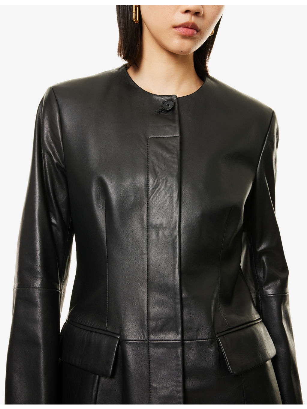 Collar-Less Long Leather Jacket - 5