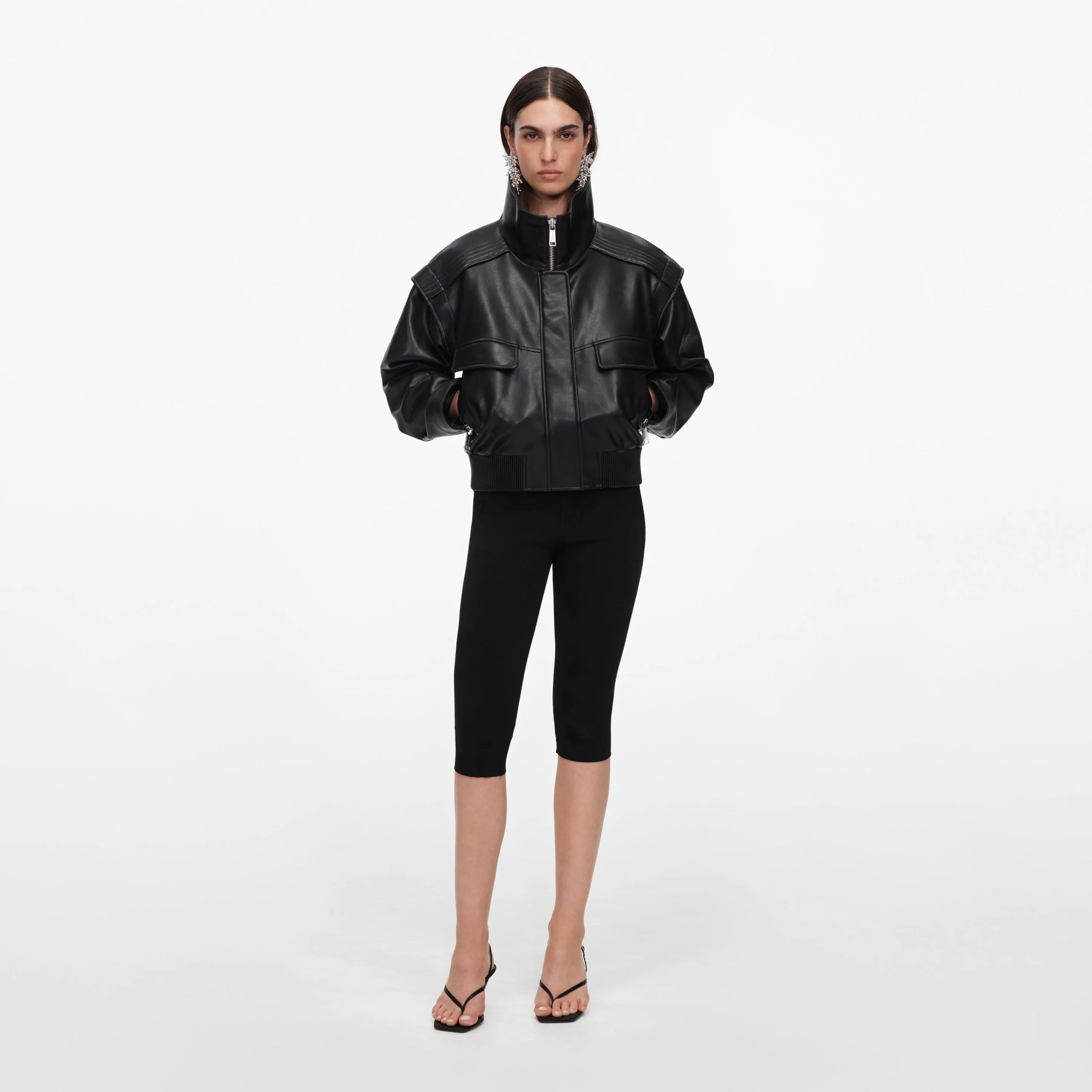 Black Faux Leather Bomber Jacket - 1