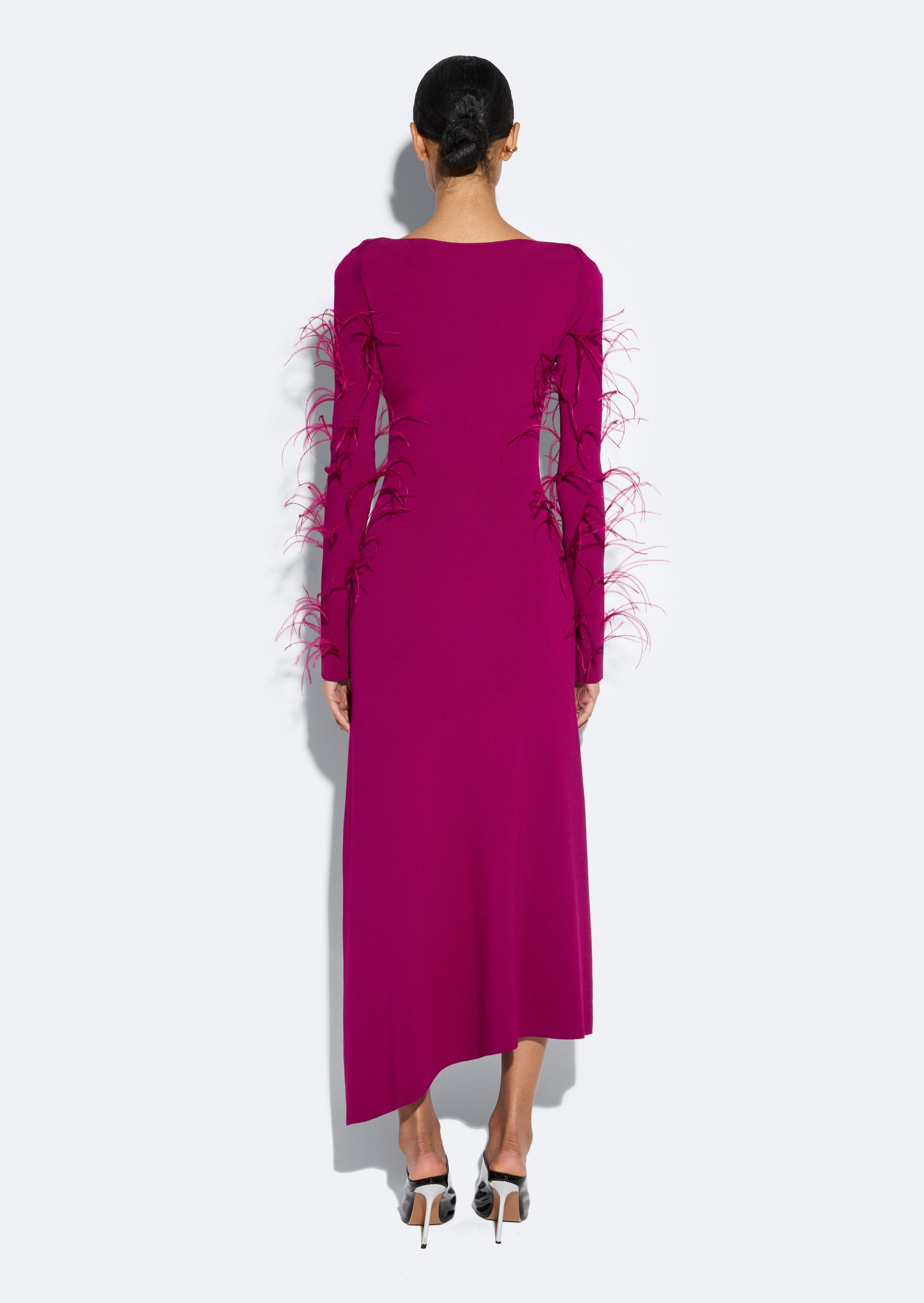 Viscose Boatneck Dress With Feathers - 3