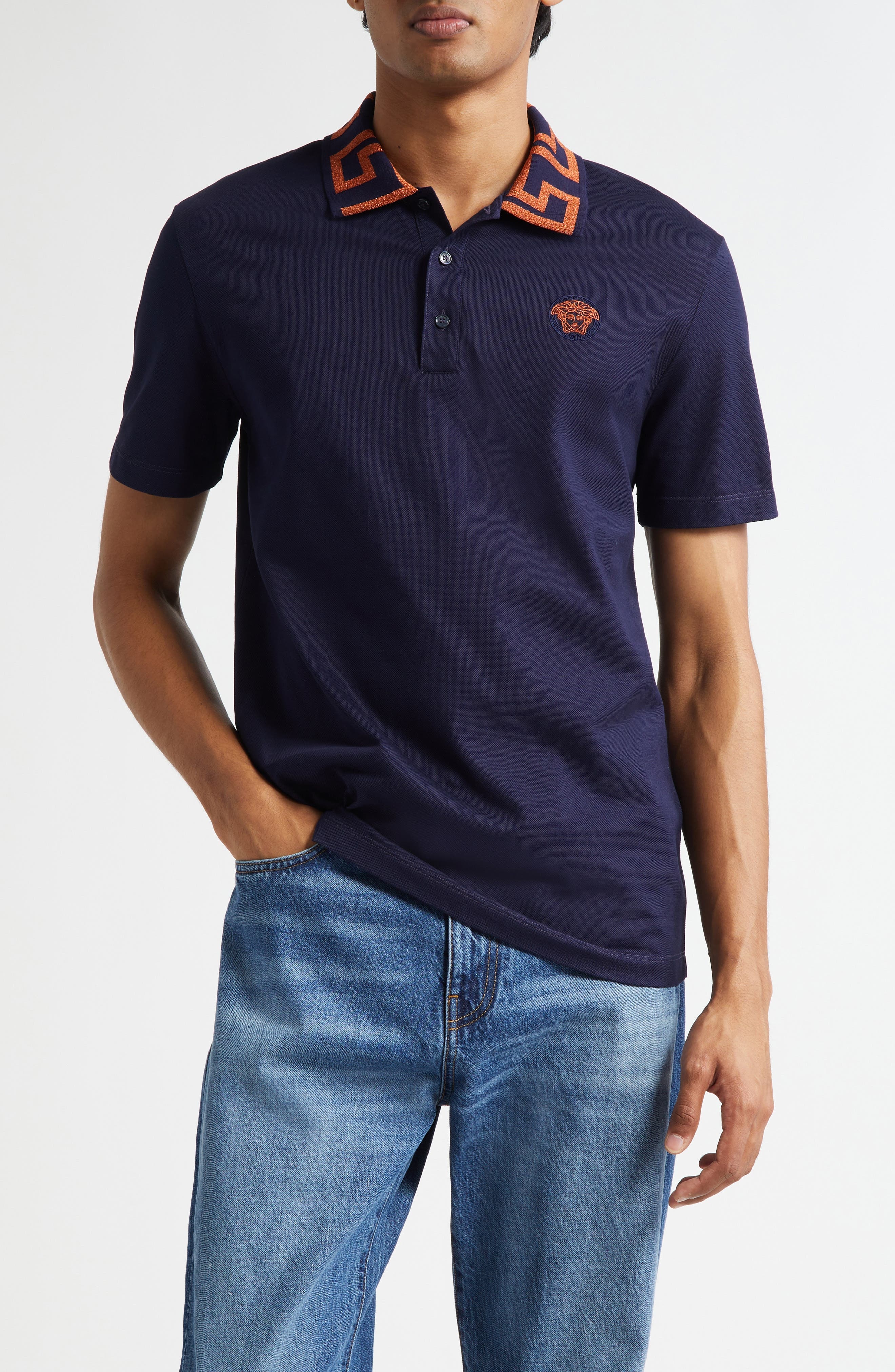 Versace Metallic Greca Collar Piqué Polo in Navy Blue at Nordstrom - 1