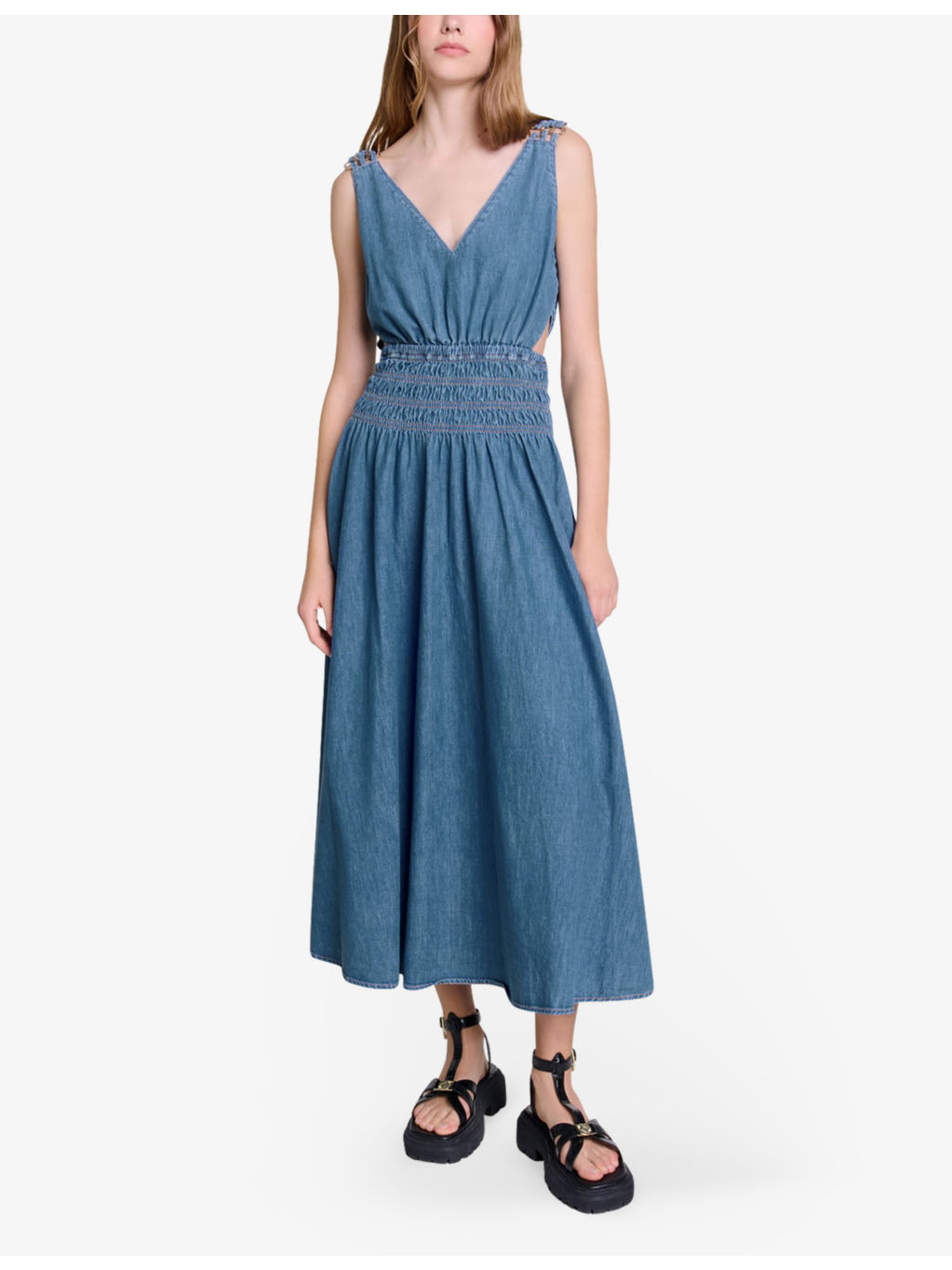 Cut-out smocked-waist denim maxi dress - 2