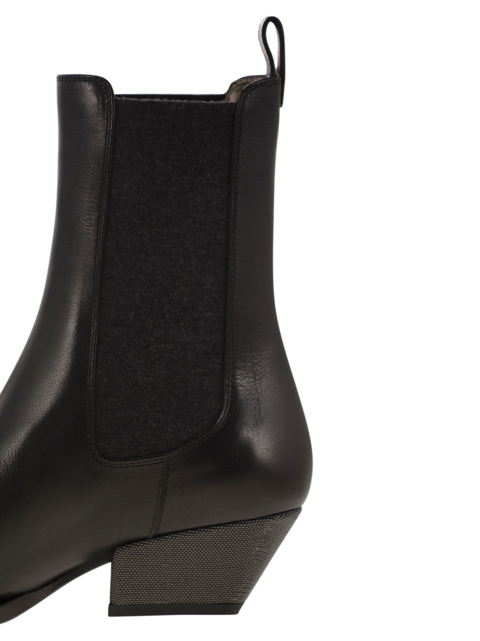 Brunello Cucinelli Women Classic Leather Chelsea Boot With Precious Block Heels - 7