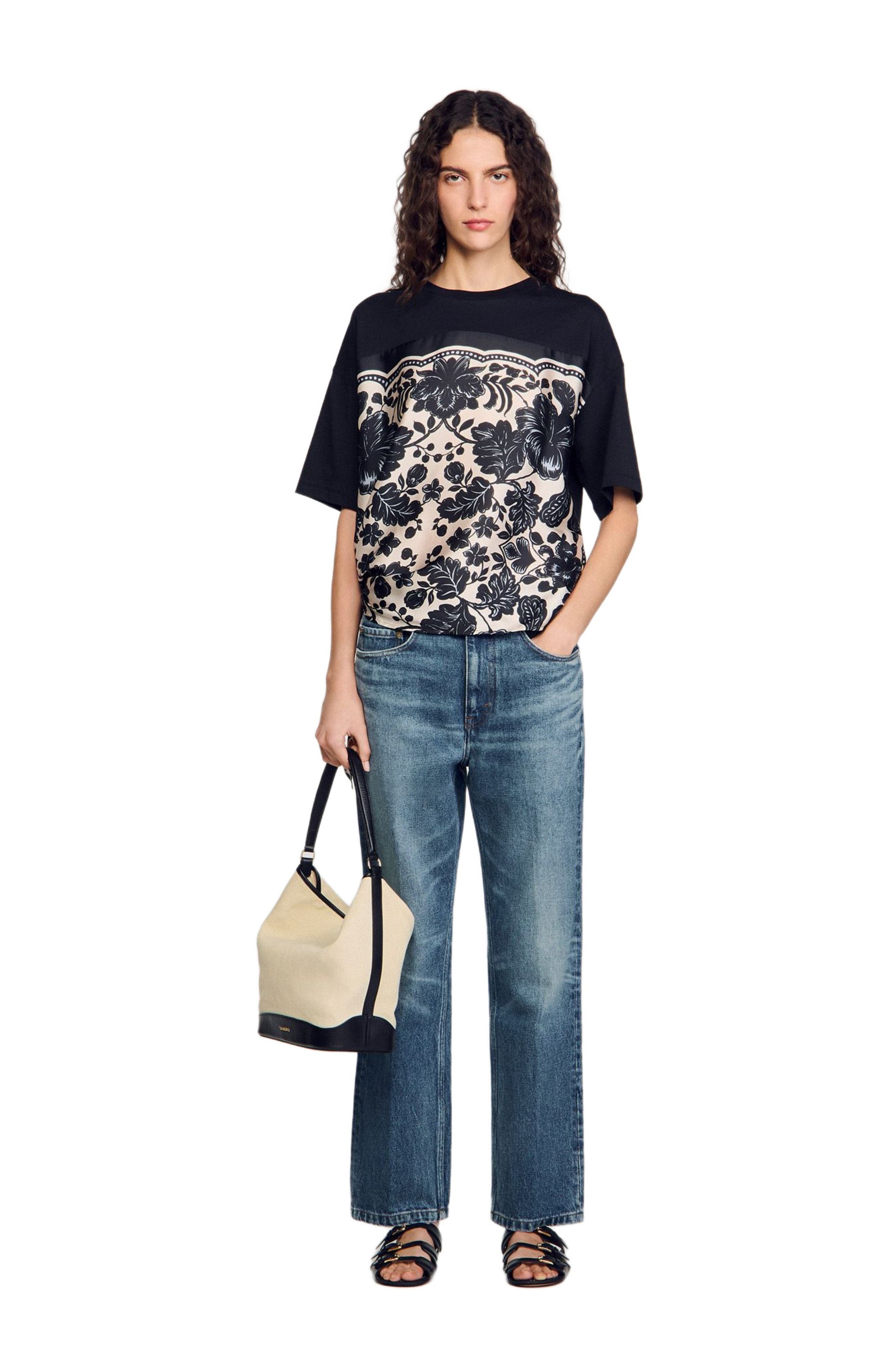 SANDRO Floral motif T-shirt in Ecru /Black at Nordstrom - 6