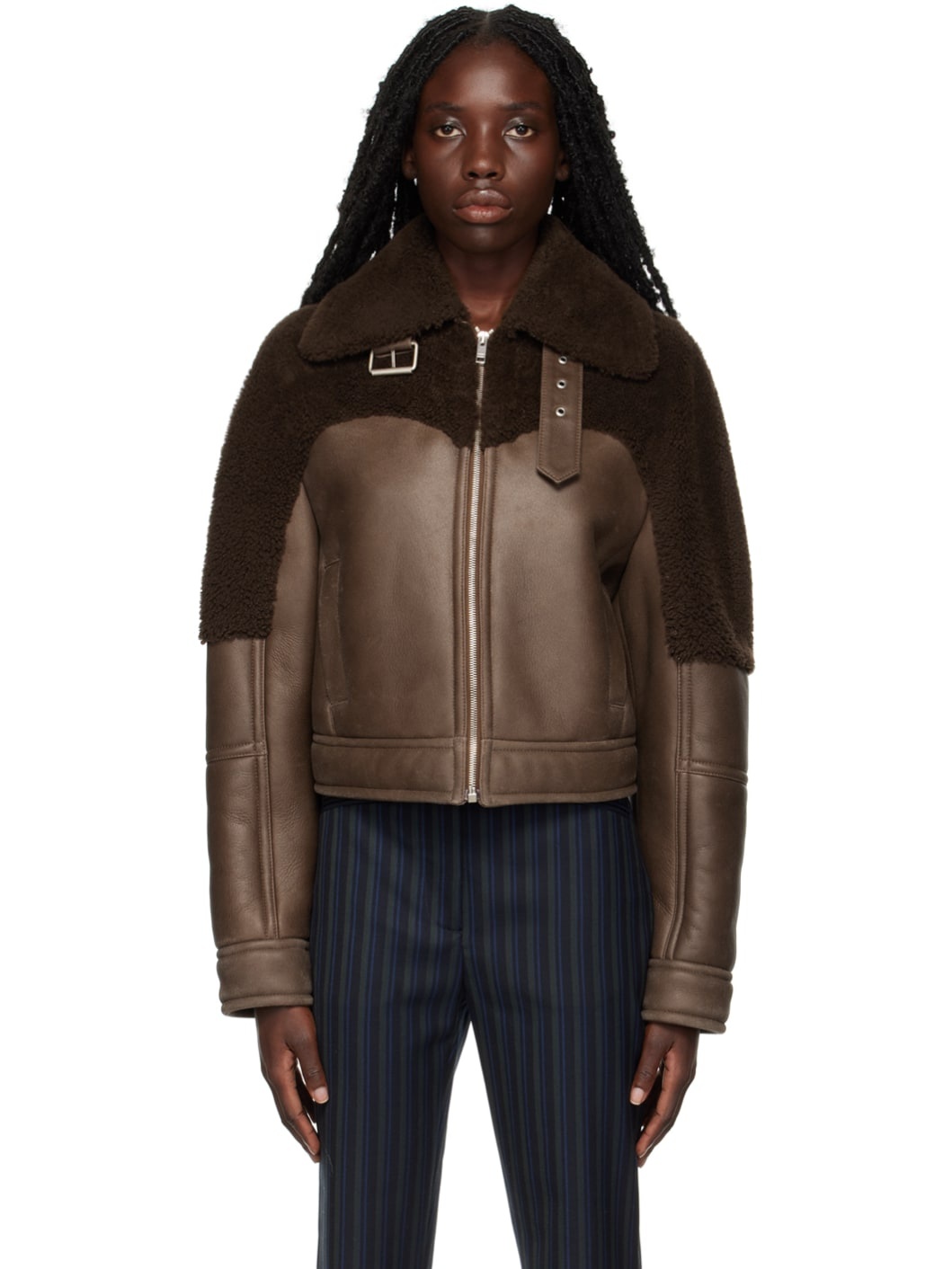 Brown Buckle Shearling Jacket - 1