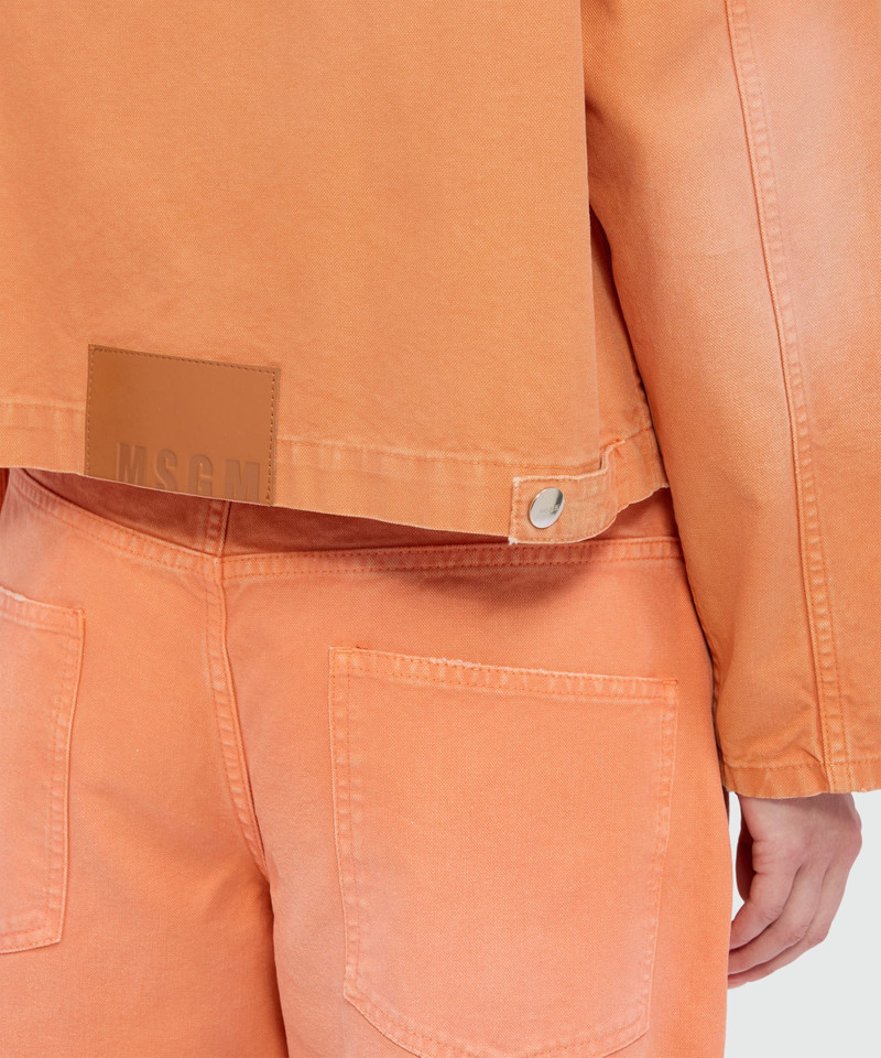 Orange cotton canvas jacket with aged-effect wash and black denim collar 5