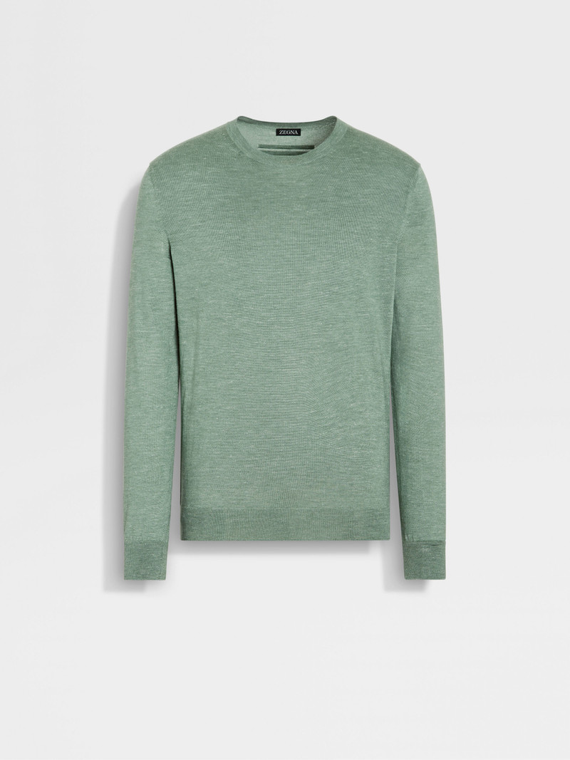 SAGE GREEN MÉLANGE SILK CASHMERE AND LINEN CREWNECK 1