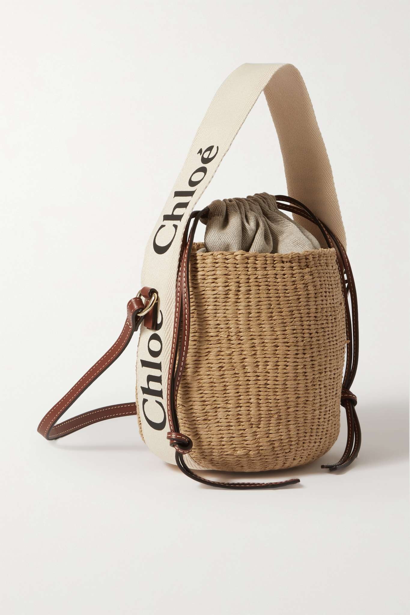 Woody small leather-trimmed raffia basket bag - 1