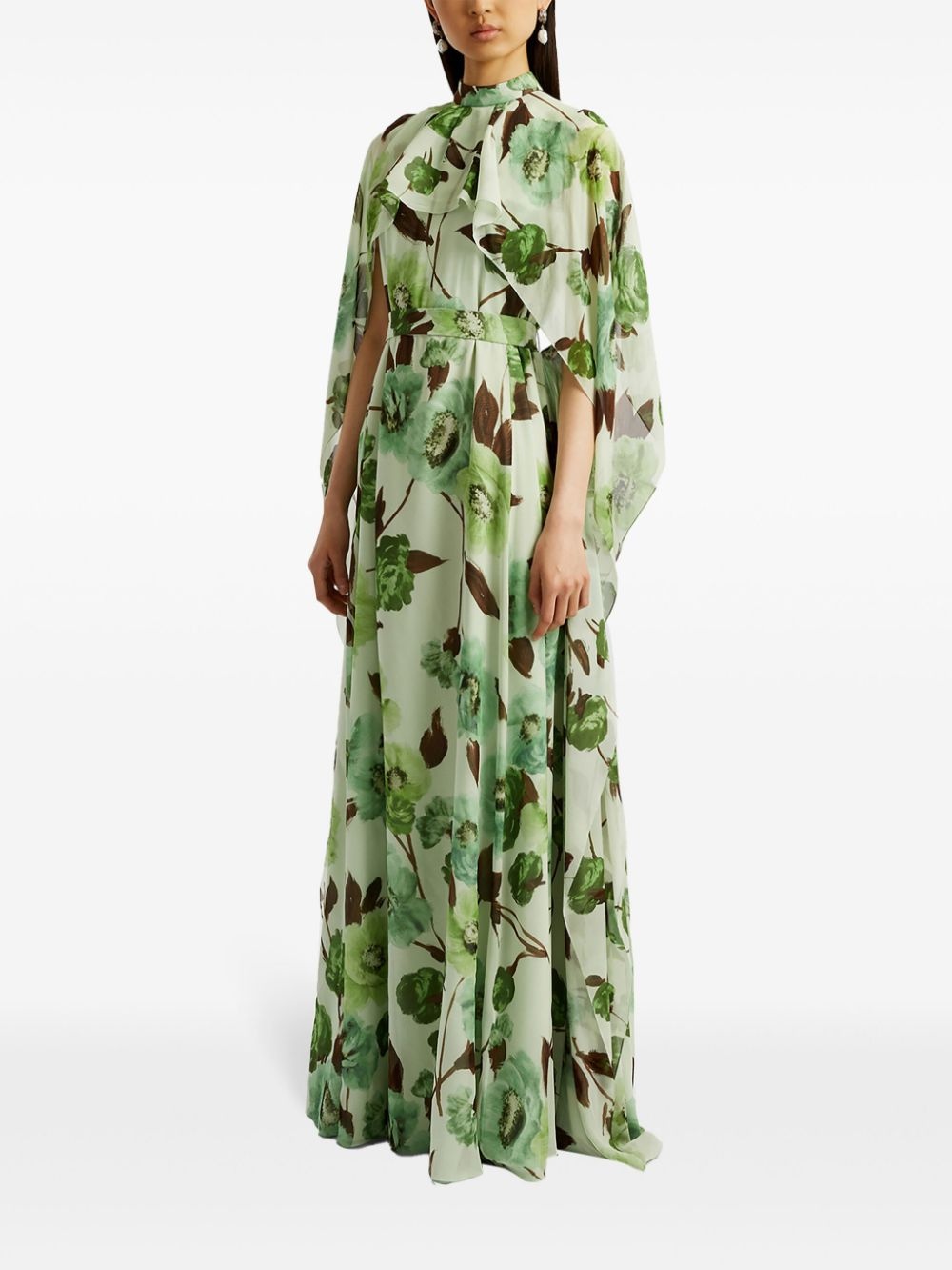 floral-print cape-design silk dress - 2