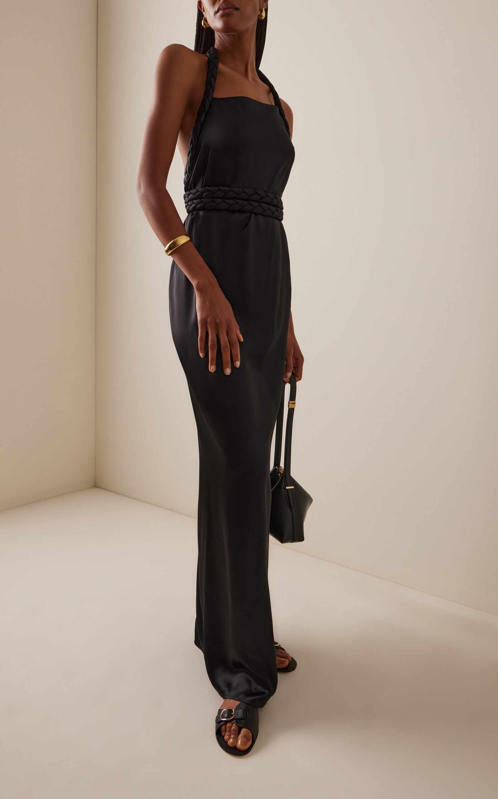 Kosa Rope-Detailed Satin Maxi Halter Dress black - 3