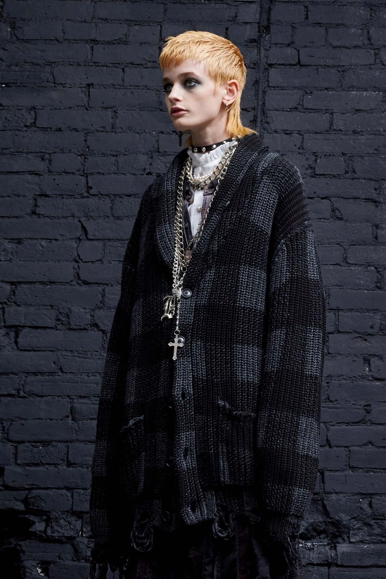 SHAWL LAPEL CARDIGAN - BLACK AND CHARCOAL - 1