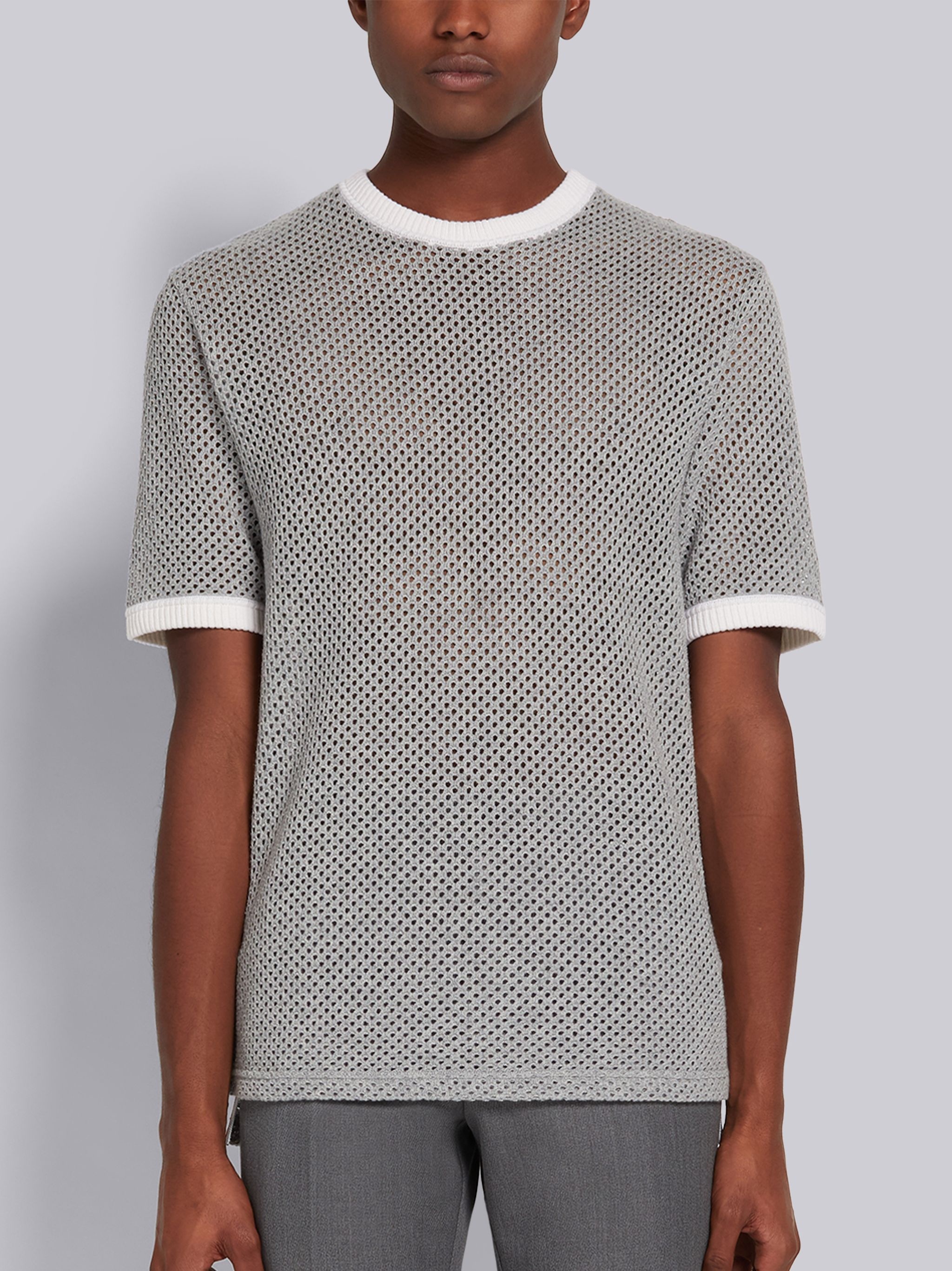 Light Grey Cashmere Mesh Short Sleeve Ringer Tee - 1