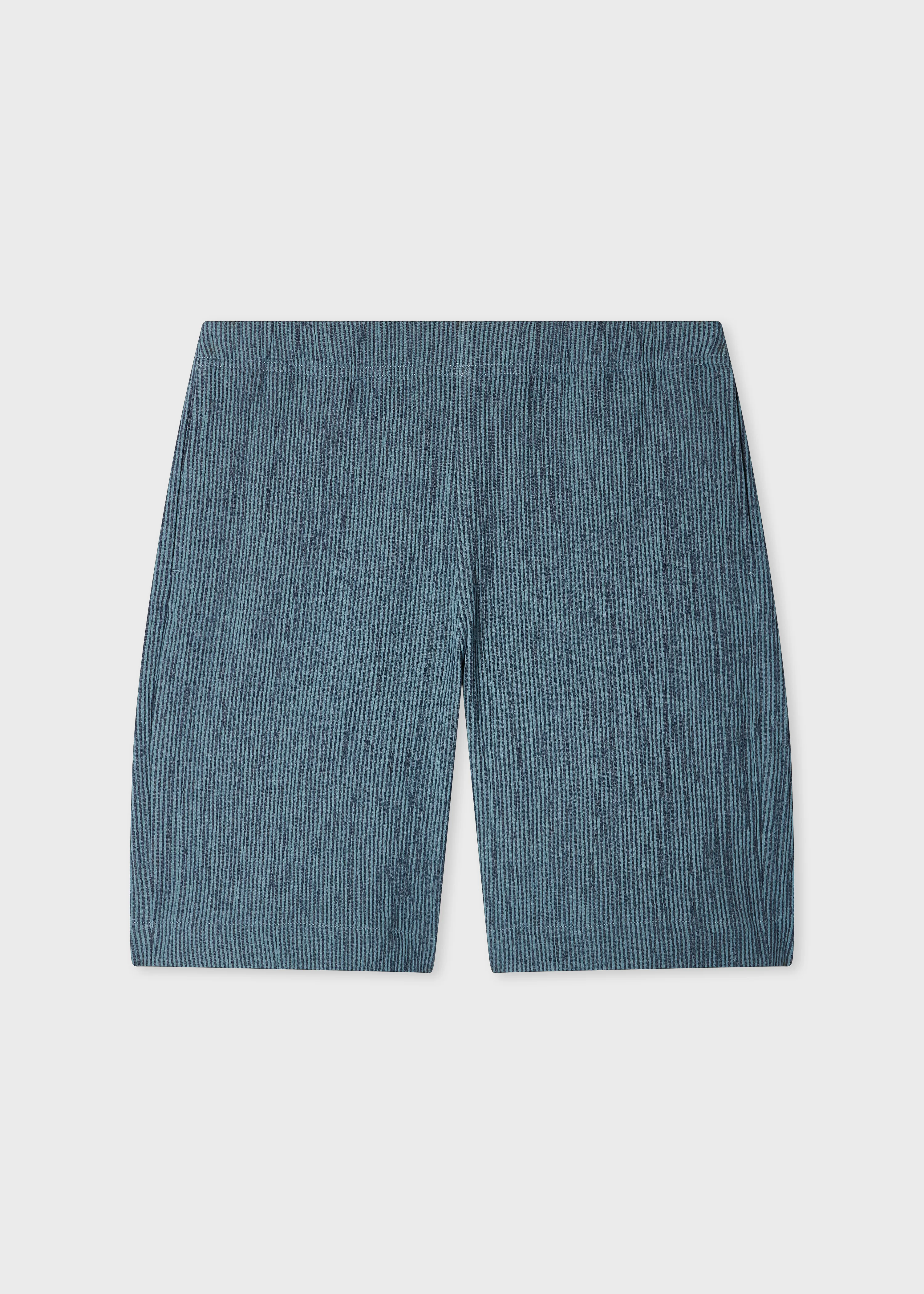 Mid Blue Textured-Stripe Shorts - 1