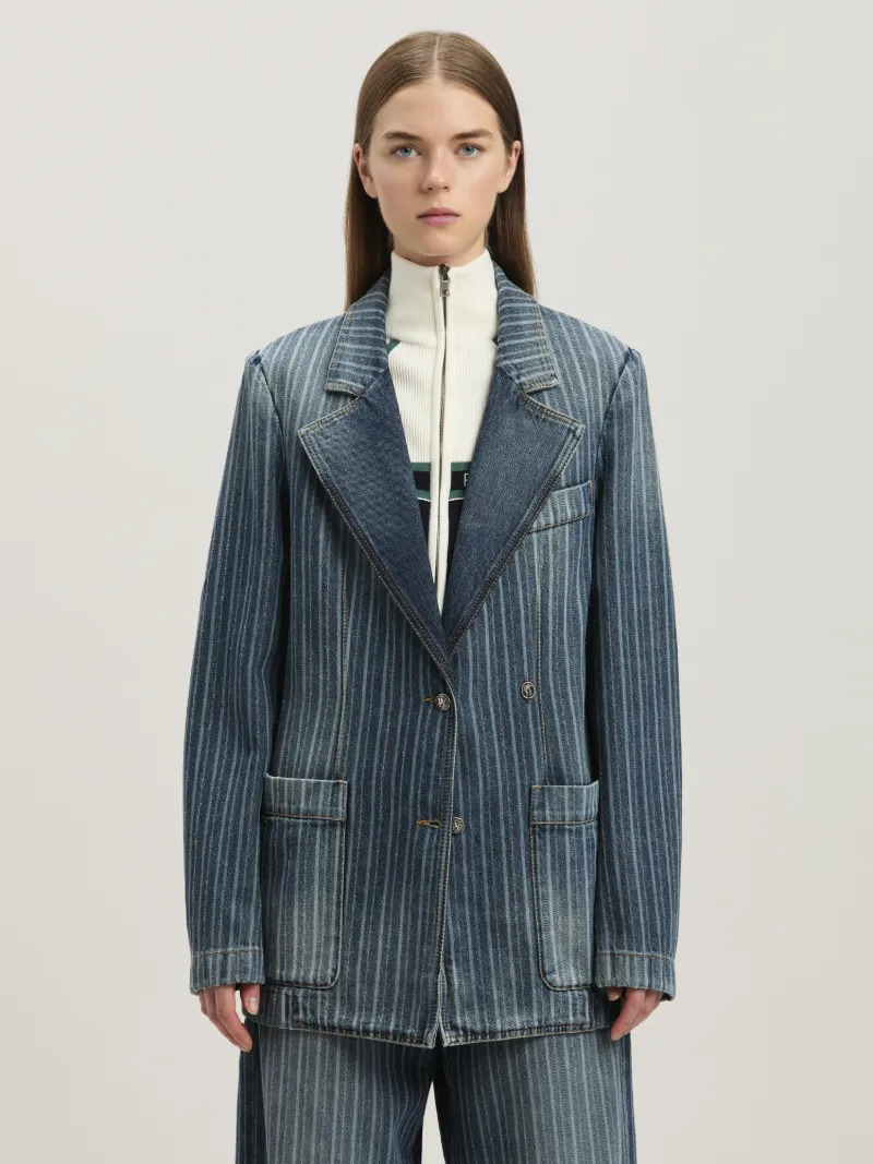 Laser pinstriped denim blazer - 6
