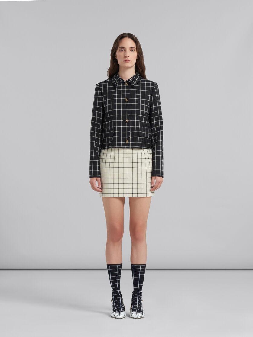 WHITE CHECKED WOOL MINI SKIRT - 2