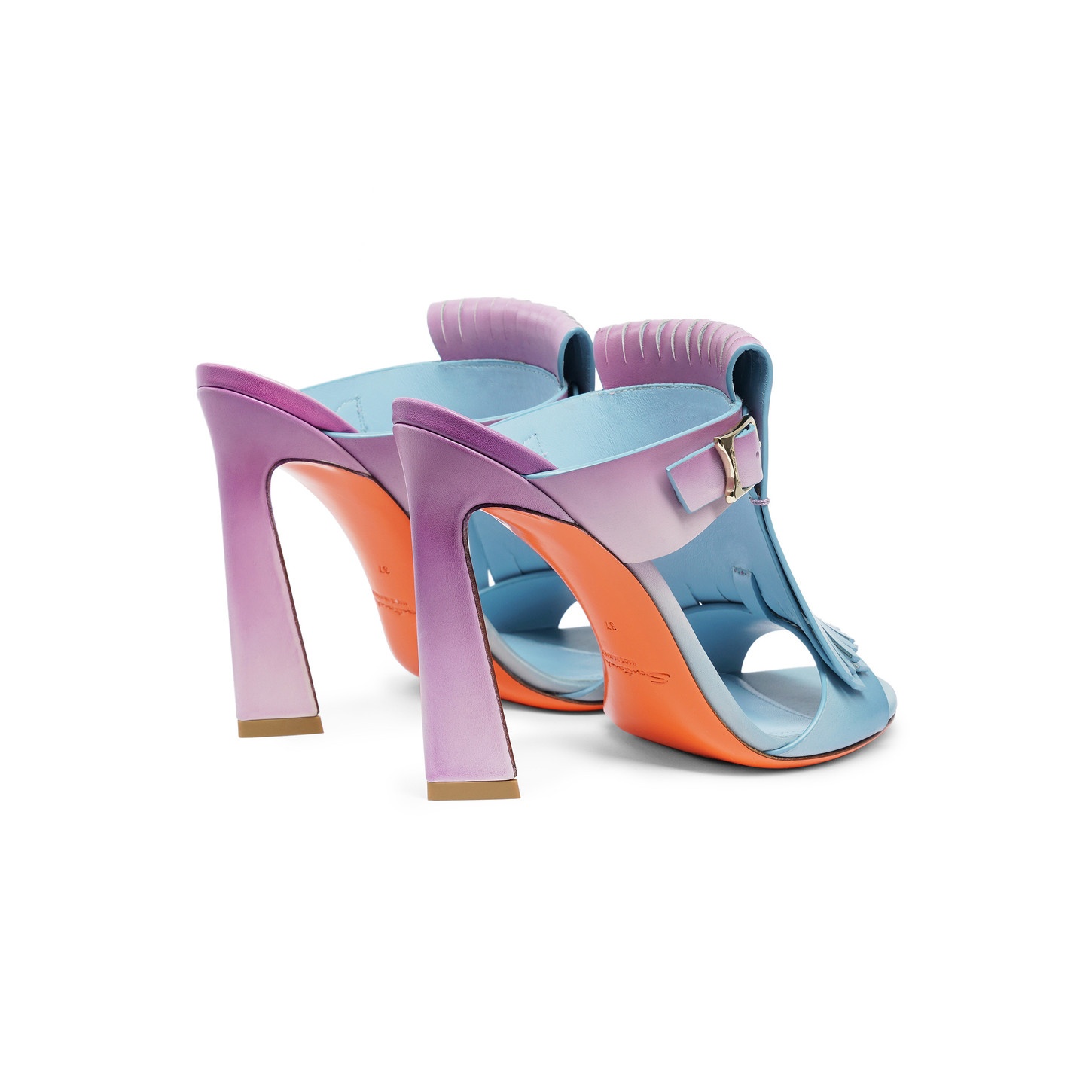 Women's purple and light blue leather high-heel Dua slide sandal with fringe - 4